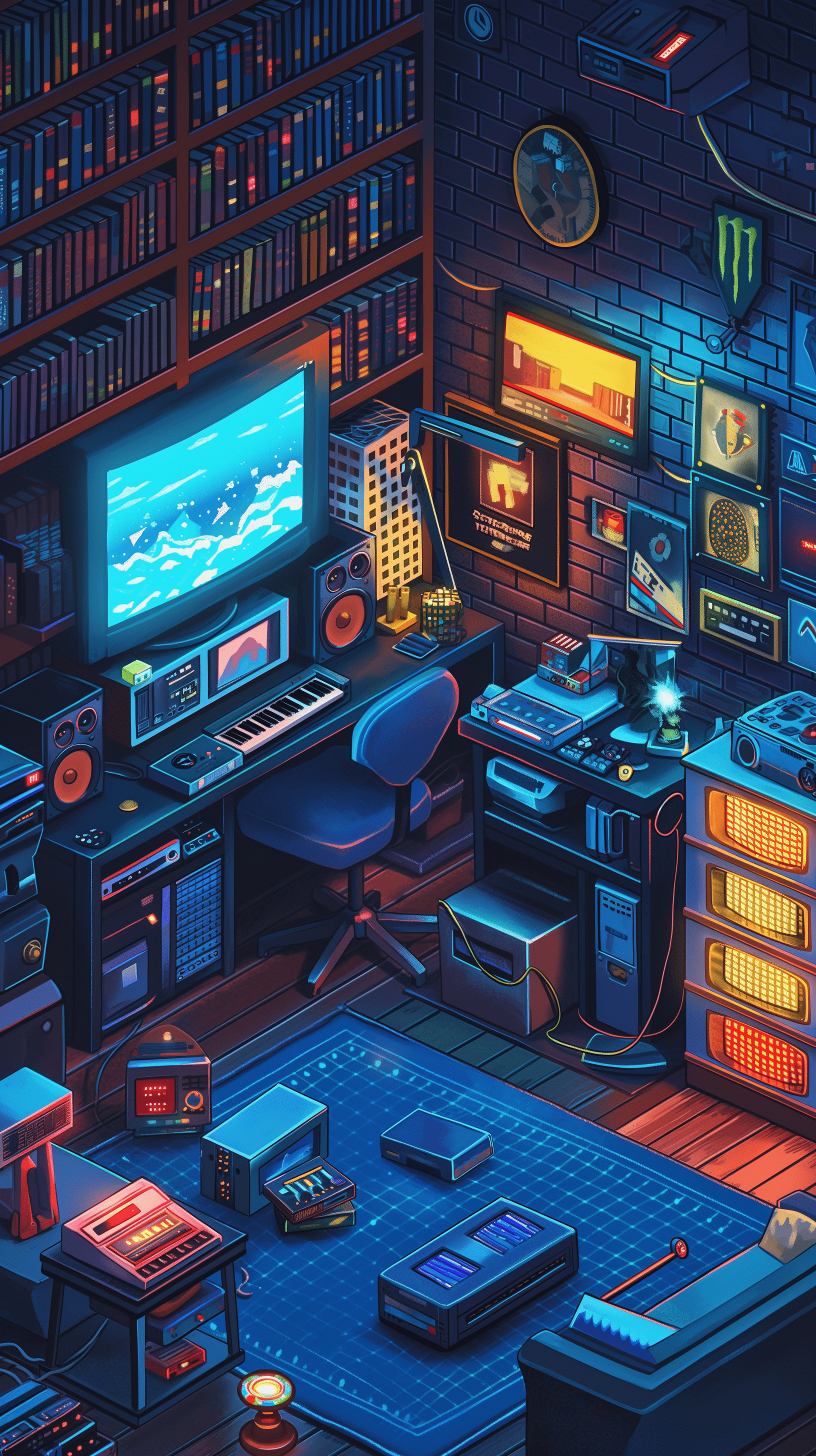 1632x2912 Gamer's Haven: Vibrant Studio and Keyboard Setup Wallpaper