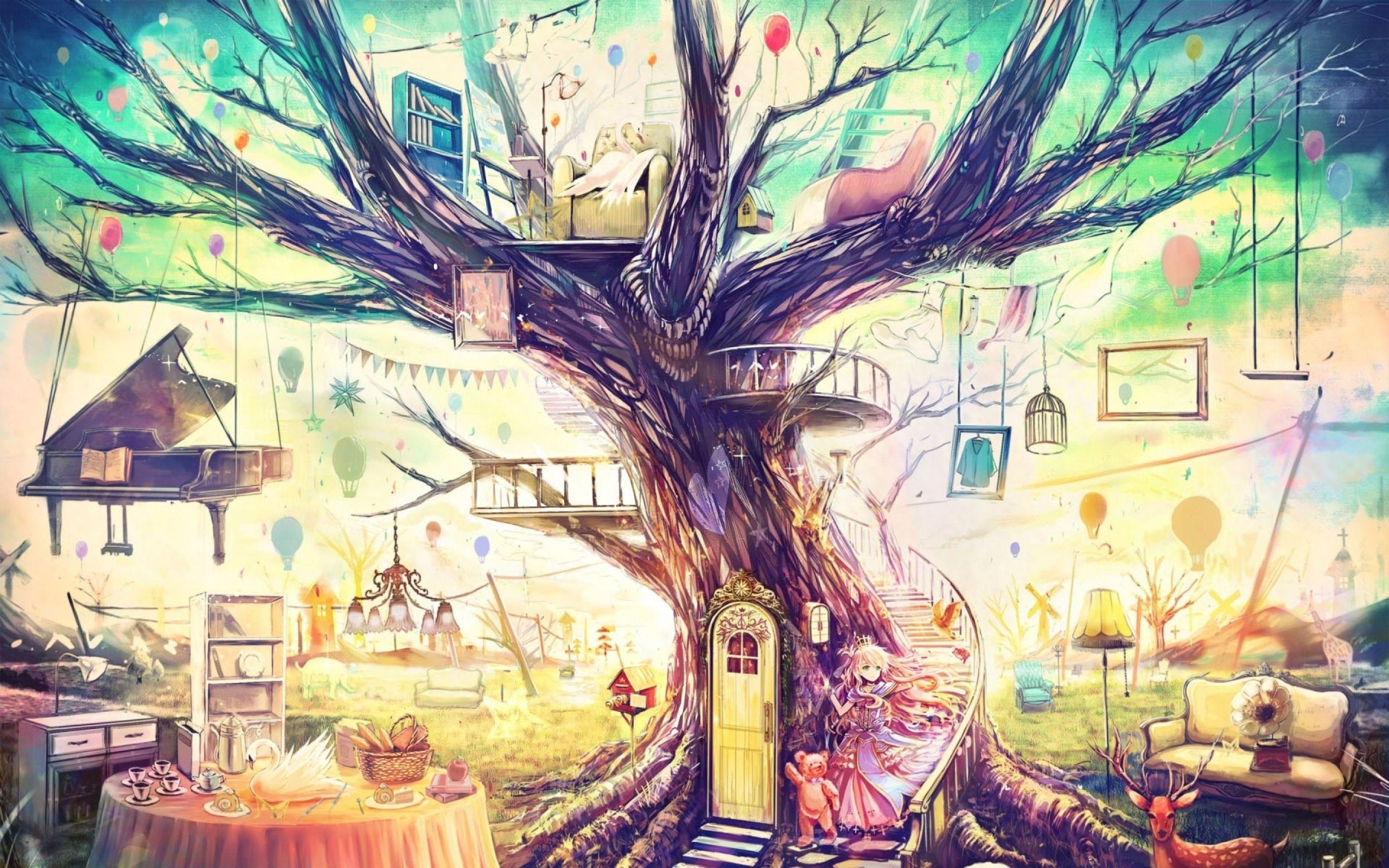 2560x1600 Painting Girl Animal Tree MacBook Air Wallpaper Download
