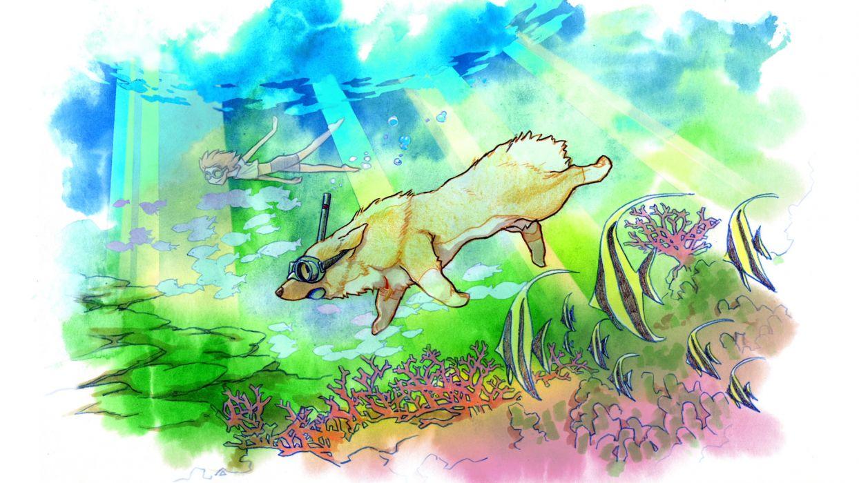 1244x700 Dog Snorkel Underwater Dive Drawing wallpaperx1080