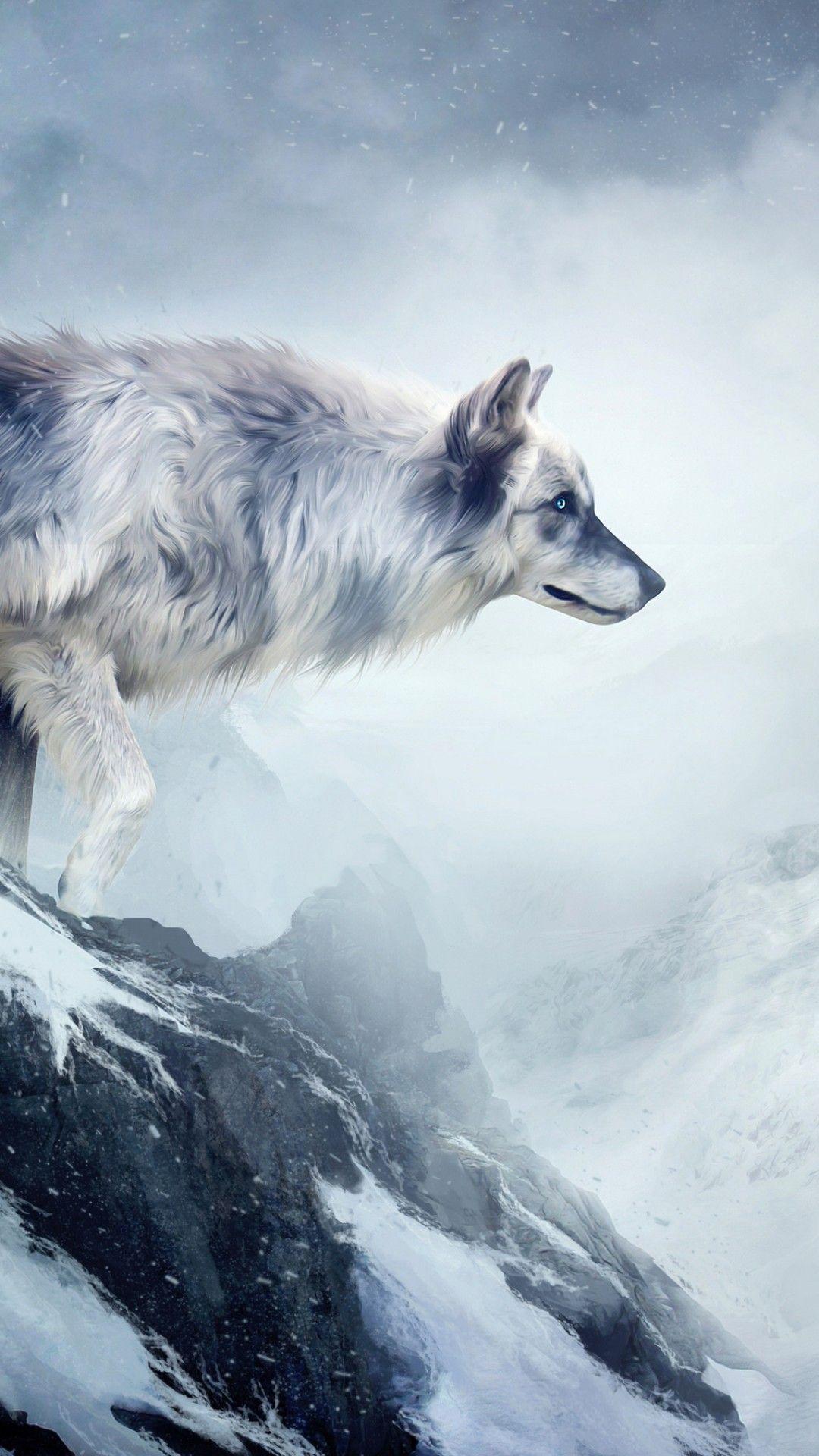 1080x1920 Wallpaper wolf, 4k, HD wallpaper, mountain, girl, animals, winter, drawing, snow, fantasy, art, OS