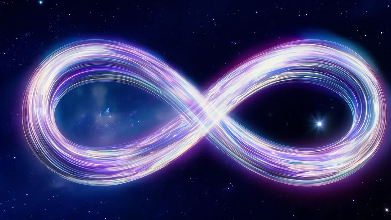 1280x720 Vibrant infinite loop animation morphing against a starry cosmic background. Neon trails form a mesmerizing infinity symbol in outer space
