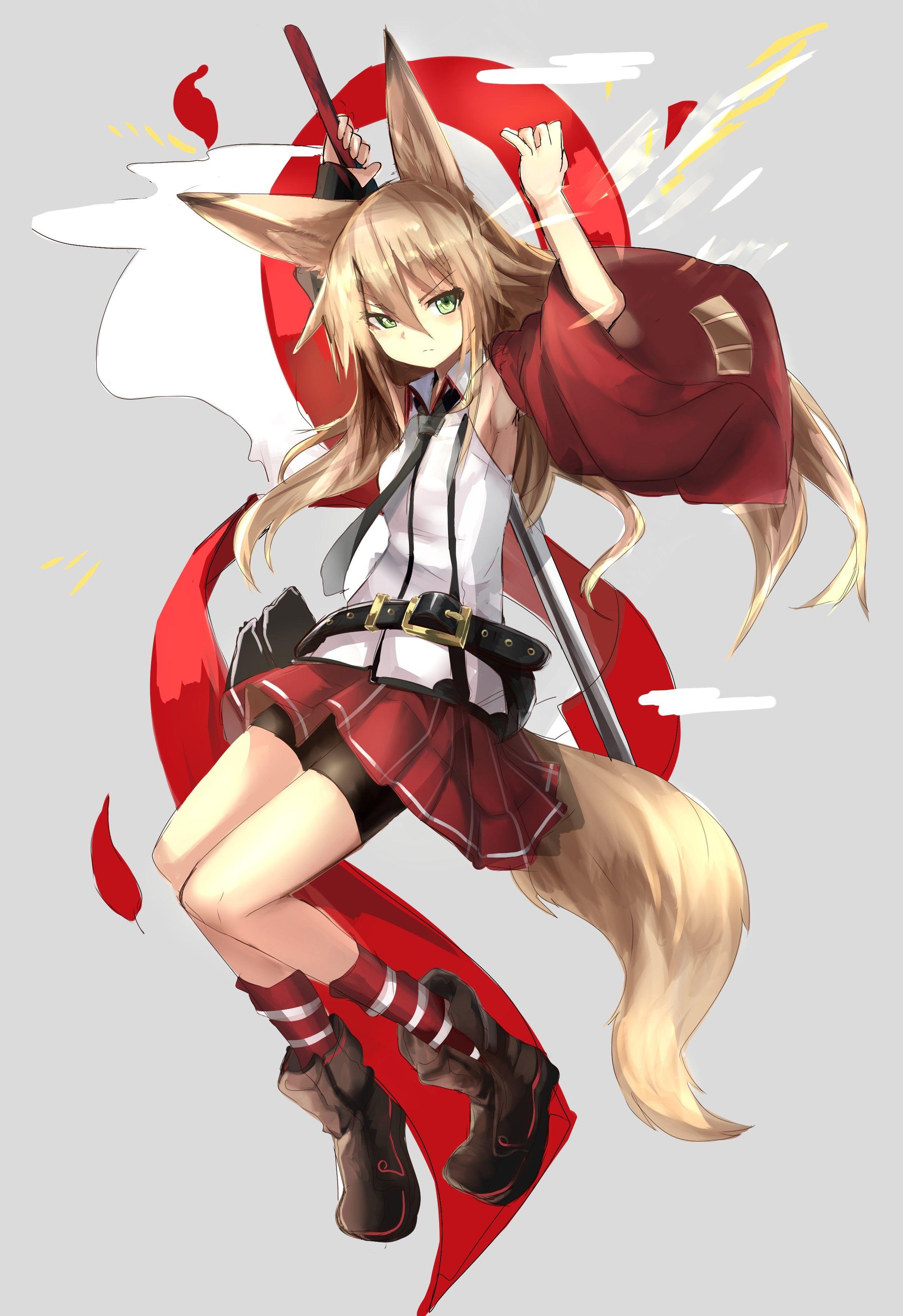 2348x3421 anime, Anime girls, Fox girl, Weapon, Skirt, Boots, Traditional