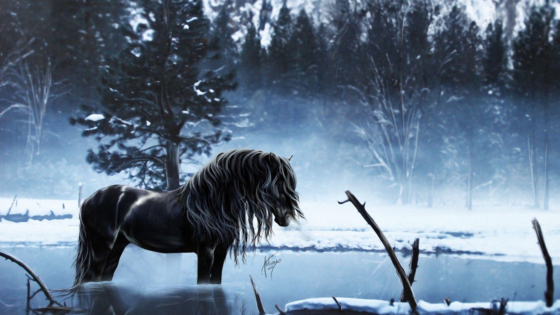 1920x1080 Beautiful horse in a frozen lake