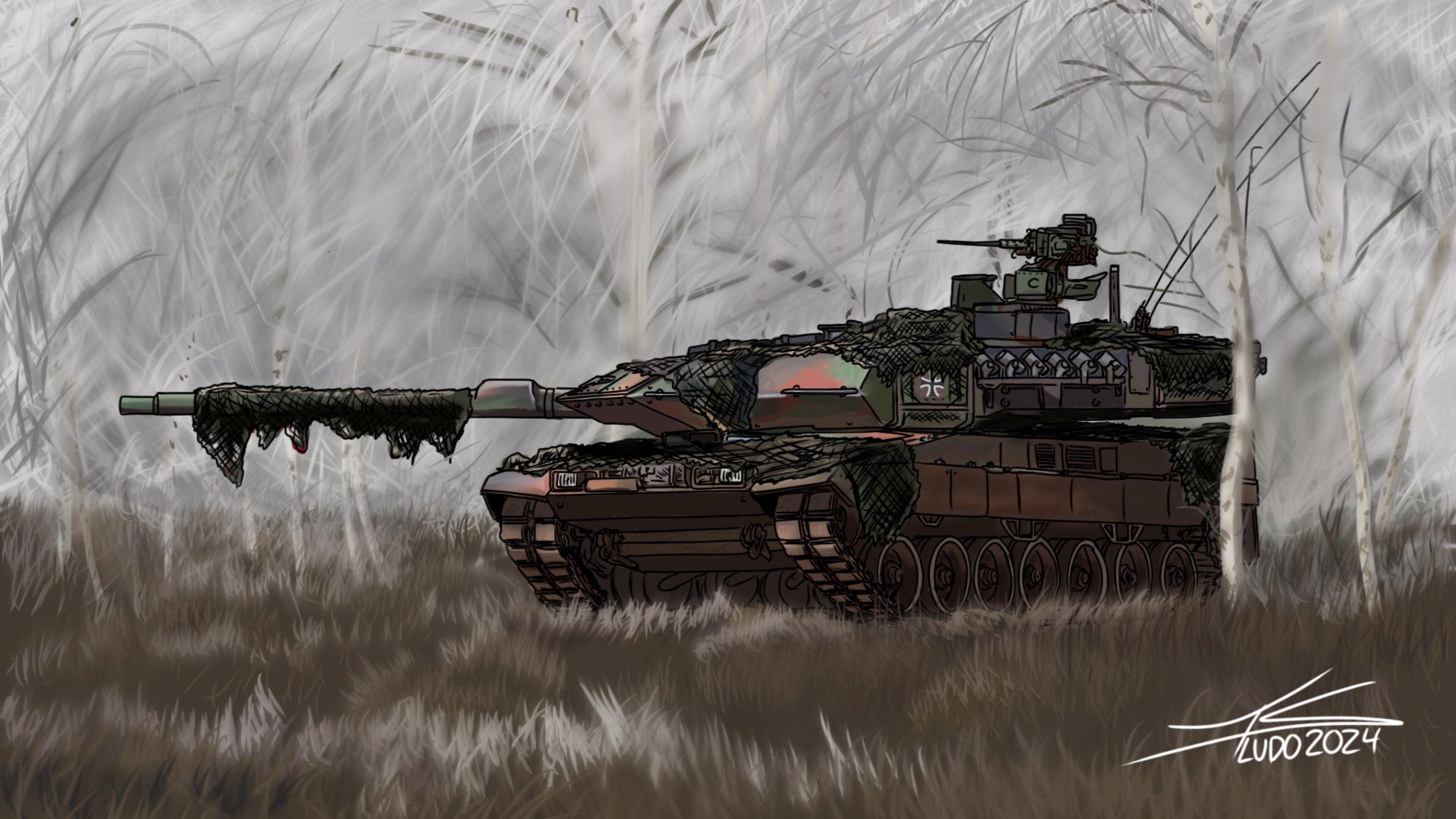 3840x2160 I drew a Leopard 2A7+, with and without camo net, in a birch forest :> (Open for commissions)