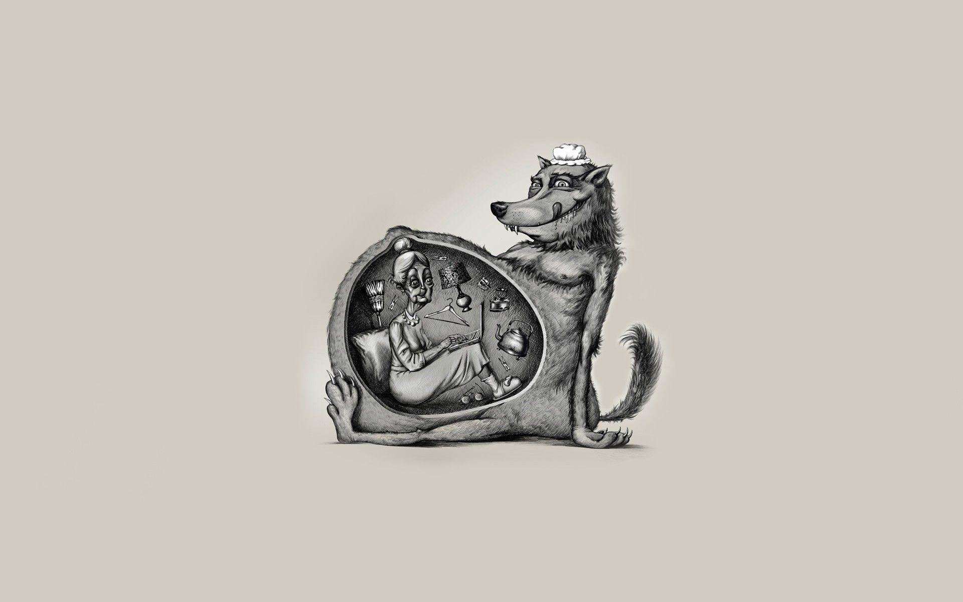 1920x1200 women humor funny laptops monochrome wolves red riding hood belly