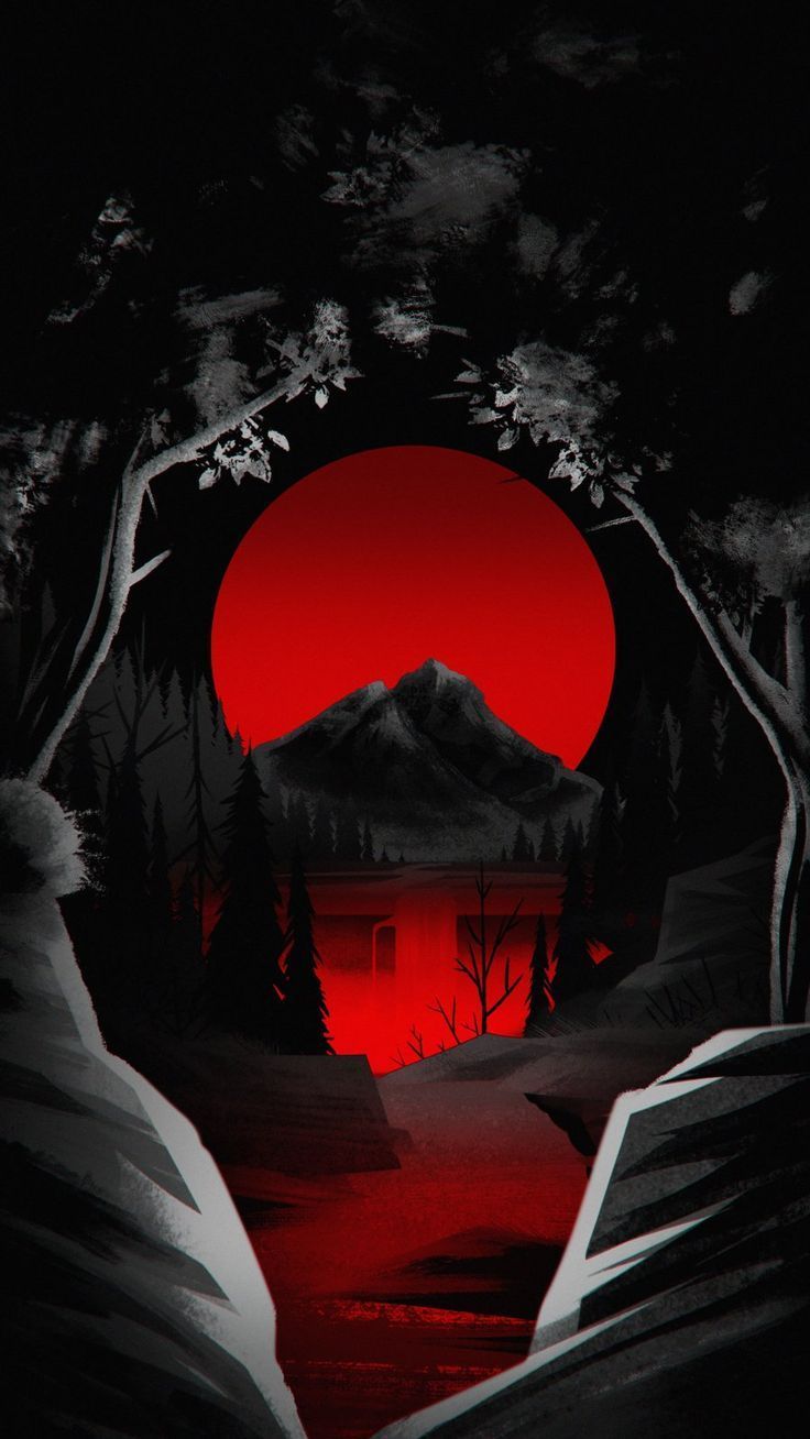 736x1308 Pinterest. Japanese red moon wallpaper, Black and red anime background, Red and black mountain design