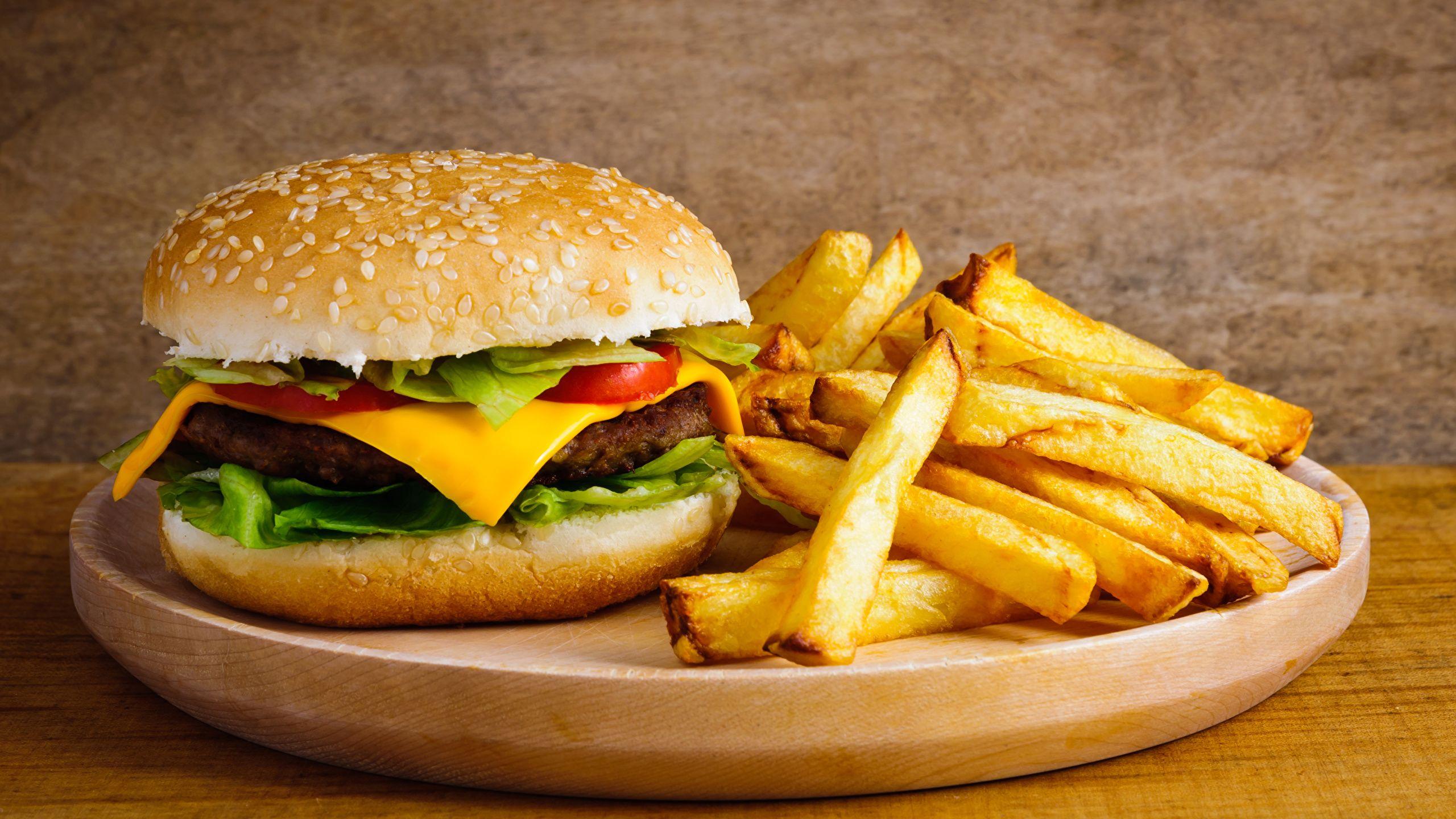 2560x1440 image Hamburger French fries Buns Fast food Food 2560x1440