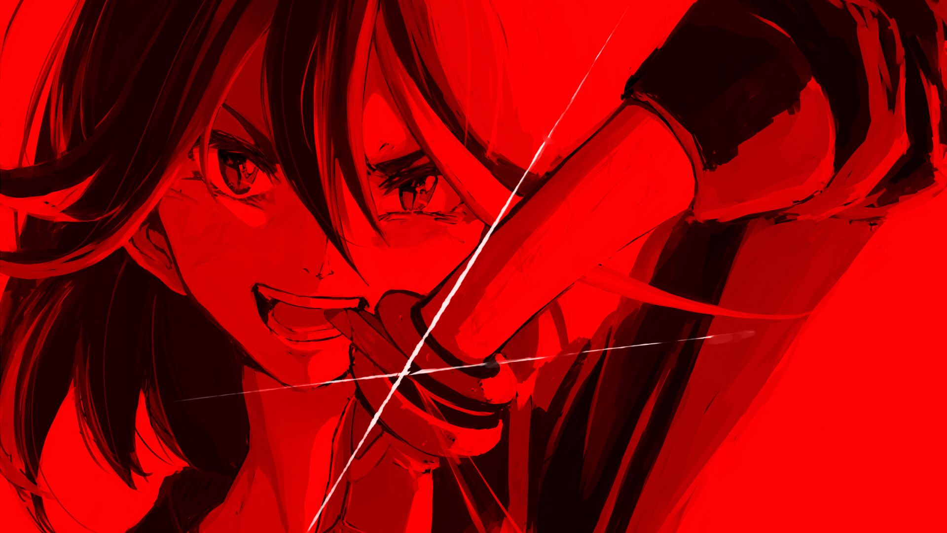 1920x1080 Wallpaper red, smile, black, anime, red, sword, black, characters for mobile and desktop, section прочее, resolution 1920x1080