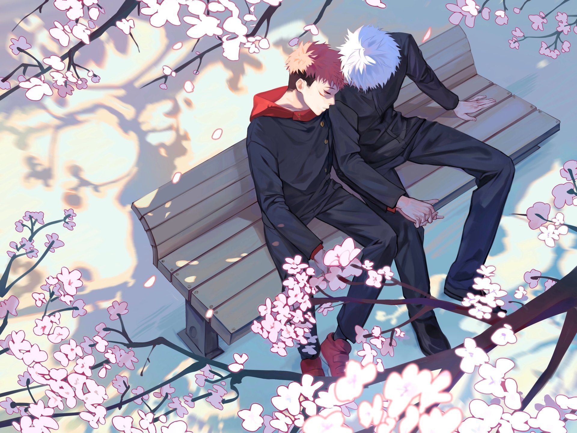 1920x1440 Jujutsu Kaisen 4K: Gojo & Itadori in Cherry Blossom Serenity Wallpaper