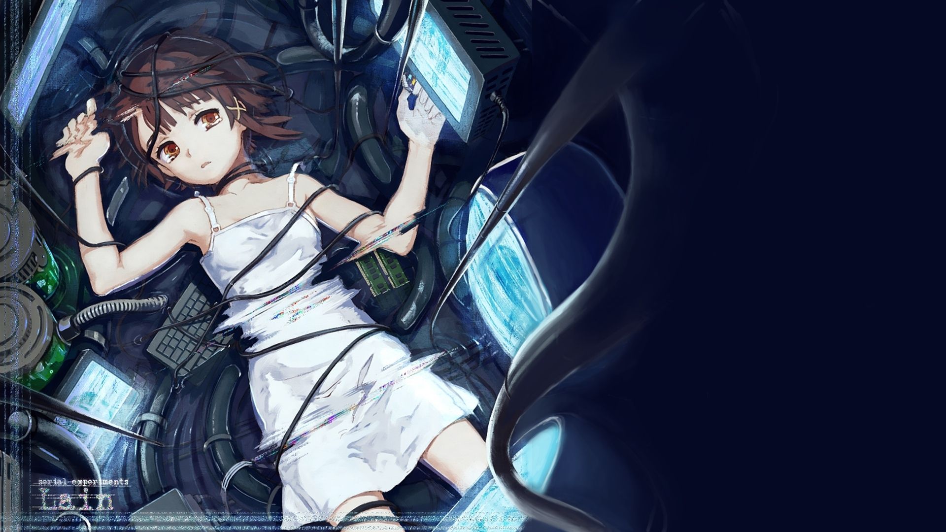 1920x1080 Wallpaper girl, wire, anime, tears, art, keyboard, monitor, iwakura lain for mobile and desktop, section прочее, resolution 1920x1080