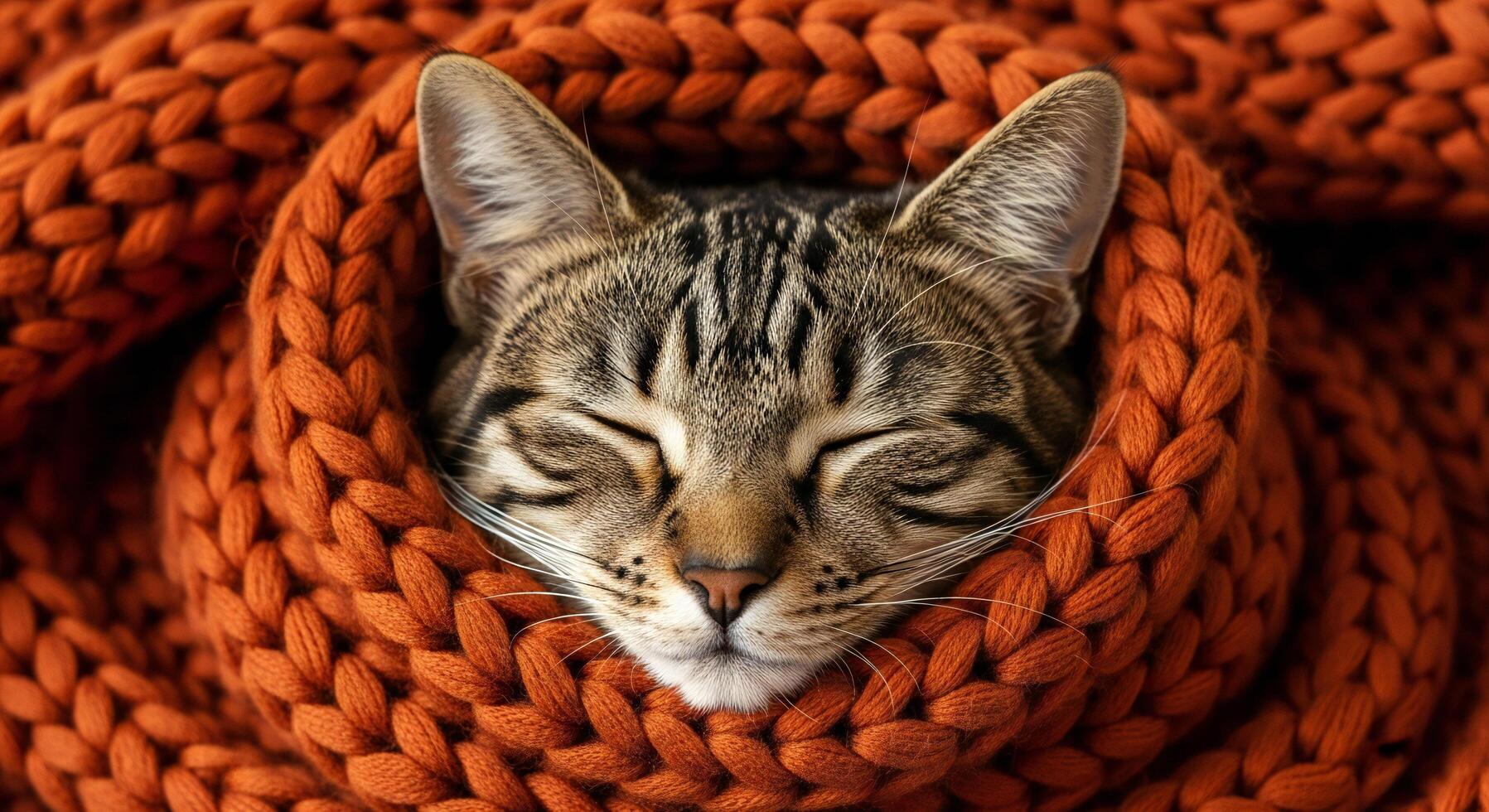 1797x980 Cat background, Cat wallpaper, Close up of a tabby cat's face sleeping comfortably wrapped in a chunky knit orange blanket