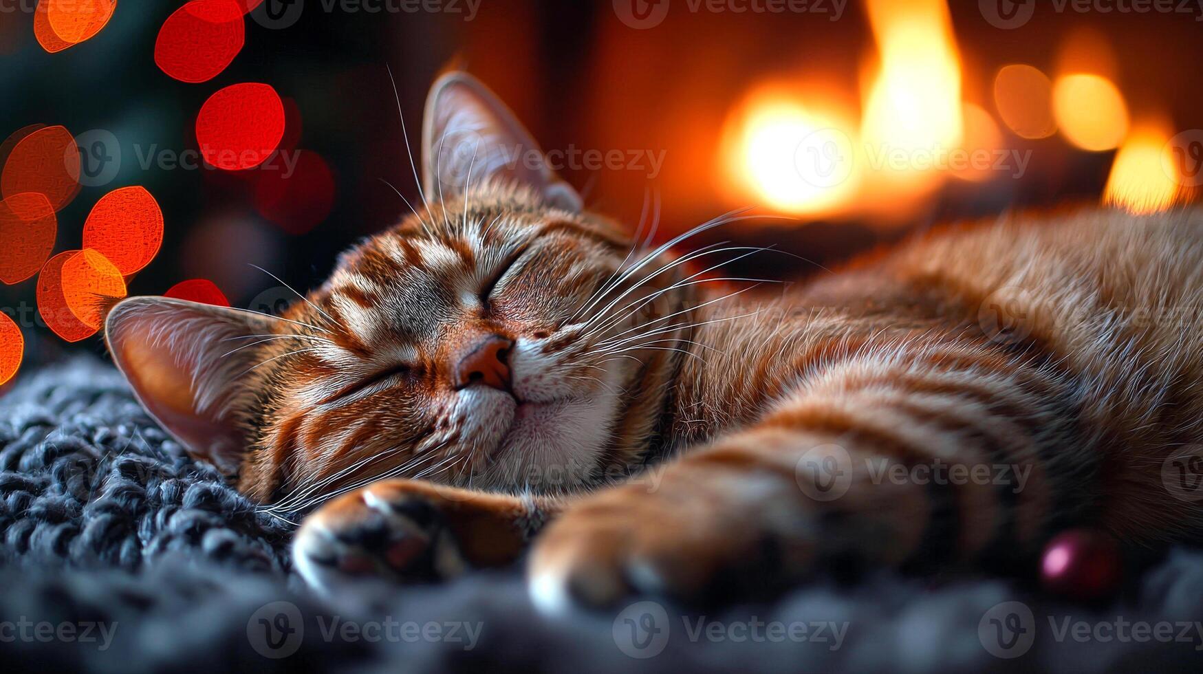 1749x980 A cat is sleeping on a blanket near a fireplace. The cat is curled up and