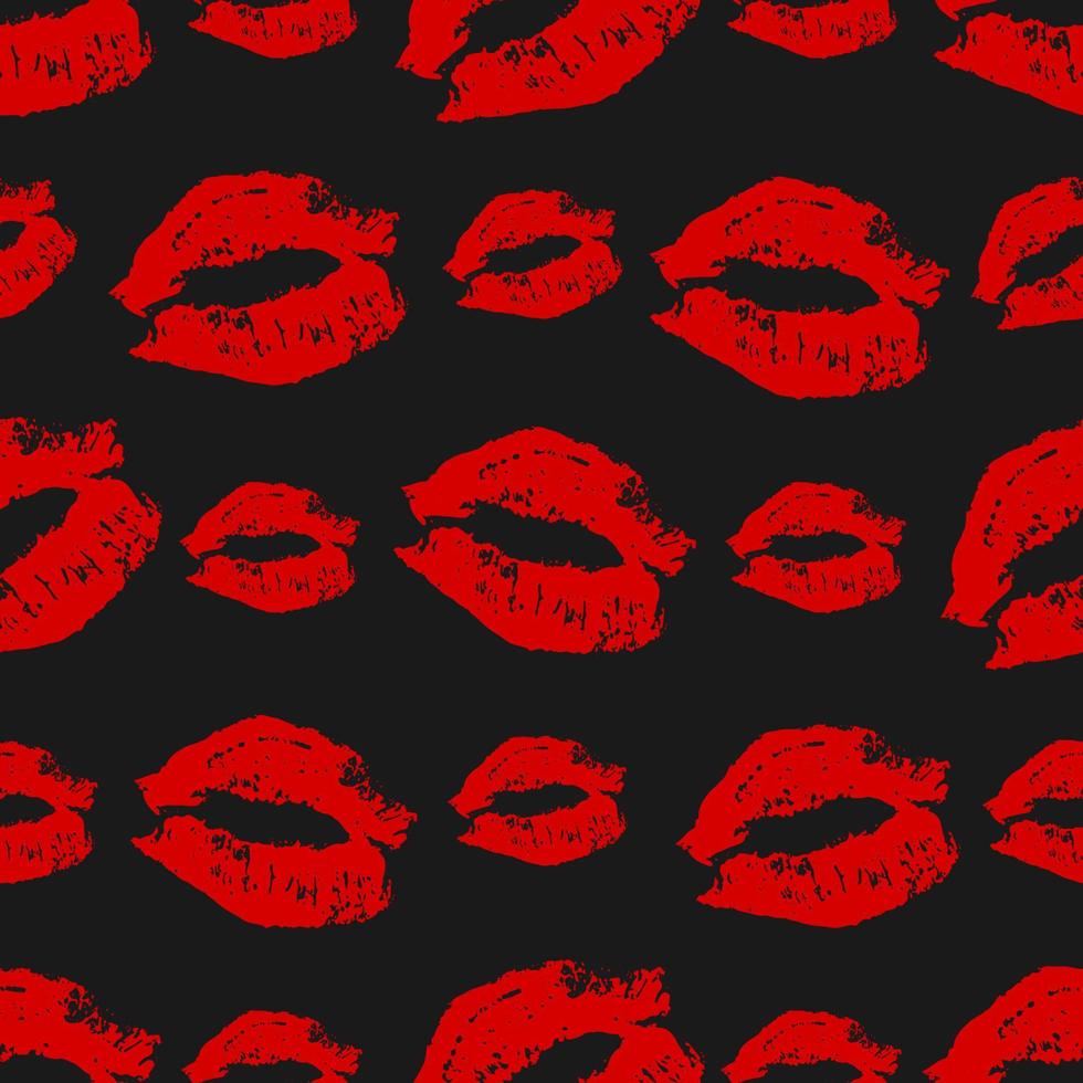980x980 Seamless pattern lipstick kiss on black background. Bright red Lips prints vector illustration. Perfect for Valentines day postcard, greeting card, textile design, wrapping paper, etc