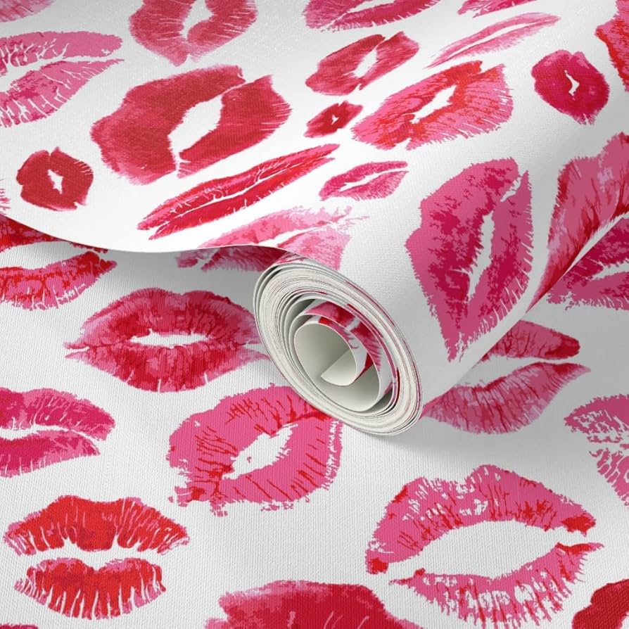 894x894 Spoonflower Peel & Stick Wallpaper Swatch Lips Red Valentine Beauty Lipstick Kisses Watercolor Valentines Day Girly Makeup Custom Removable Wallpaper