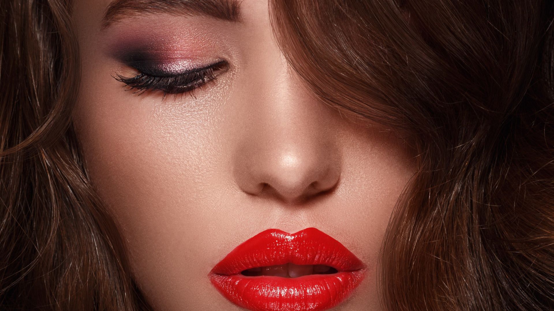 1920x1080 Brown Hair Girl Model With Red Lipstick HD Model Wallpaper