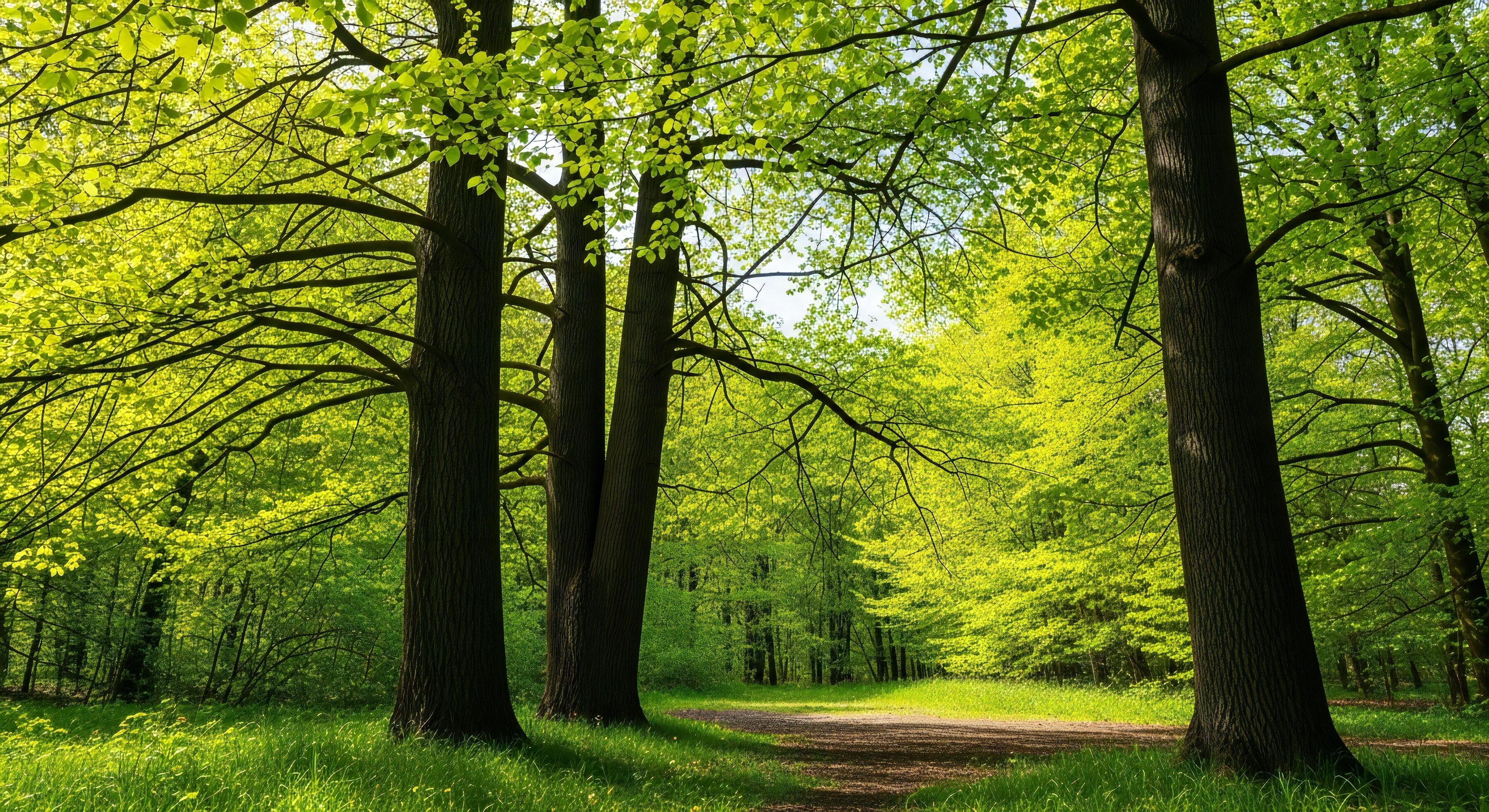 3593x1960 Nature background, Nature wallpaper, Lush green forest path with tall trees and bright leaves dappled sunlight on the ground