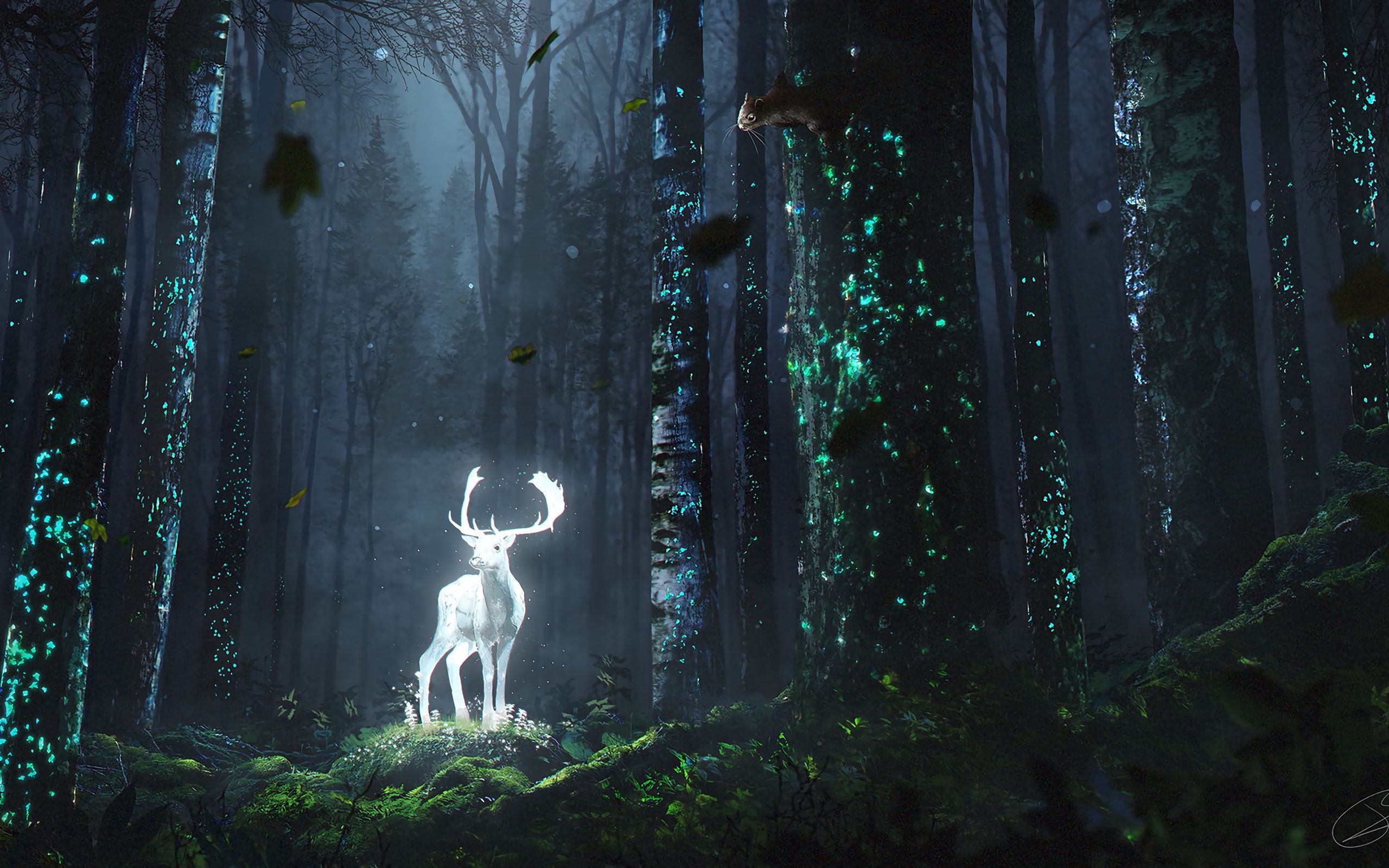2560x1600 Wallpaper fantasy, forest, horns, trees, digital art, artwork, bright, fantasy art for mobile and desktop, section фантастика, resolution 2560x1600