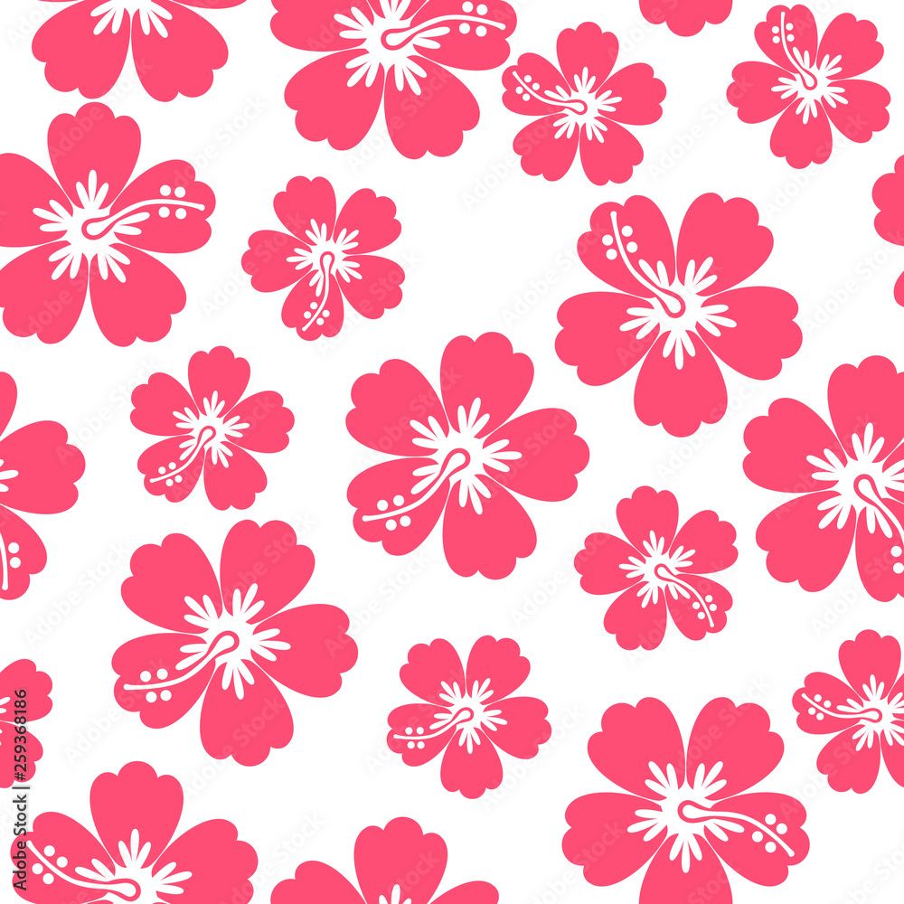 1000x1000 Tropical hibiscus plumeria floral plant exotic vector beach wallpaper seamless pattern textile print .Pink botanical illustration in hawaiian style. Jungle foliage. Stock Vector