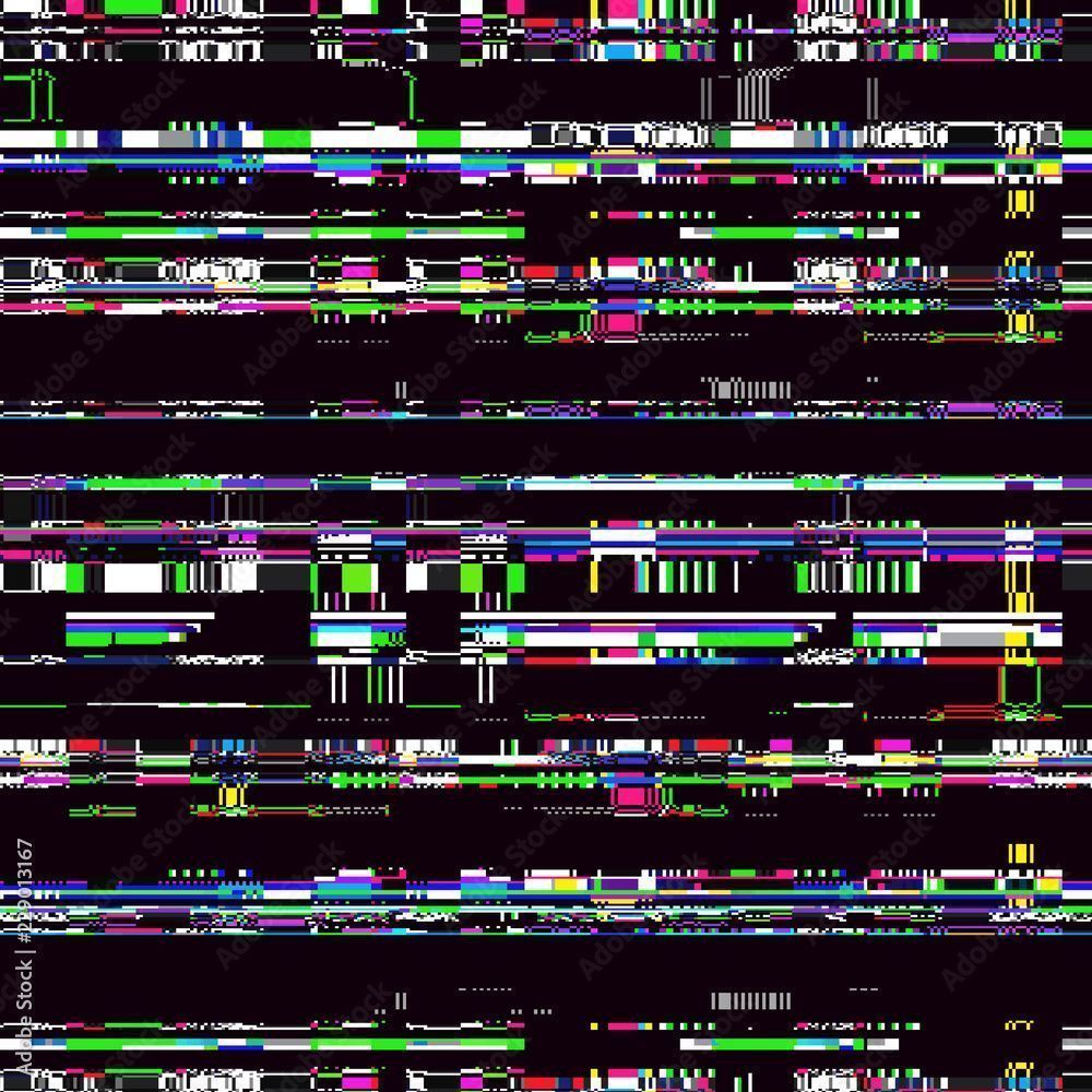 1000x1000 Glitch background. Computer screen error. Digital pixel noise abstract design. Video game glitch. Television signal fail. Data decay. Technical problem grunge wallpaper. Stock Vector