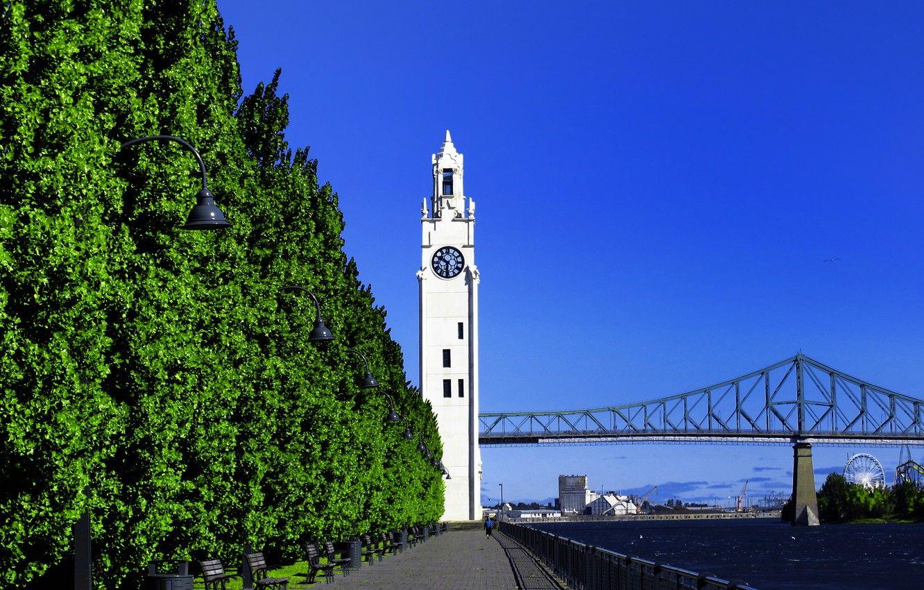 1332x850 Wallpaper the sky, trees, bridge, watch, tower, port, Montreal