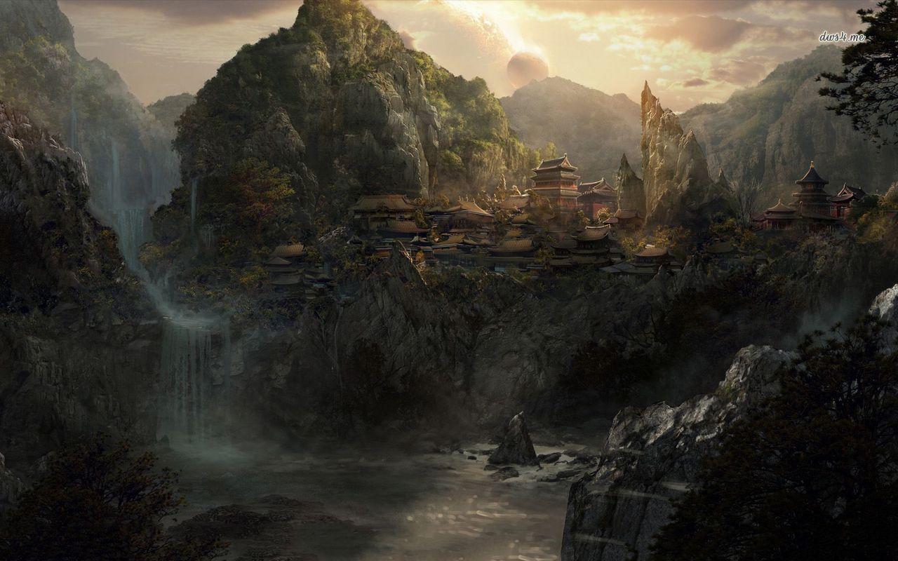 1280x800 Asian village in the mountains HD wallpaper. Fantasy landscape, Landscape, Conceptual photography