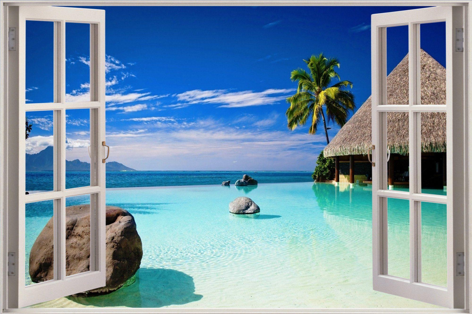 2000x1333 Tải xuống miễn phí Phim dán tường 3D Window Exotic Ocean Beach View