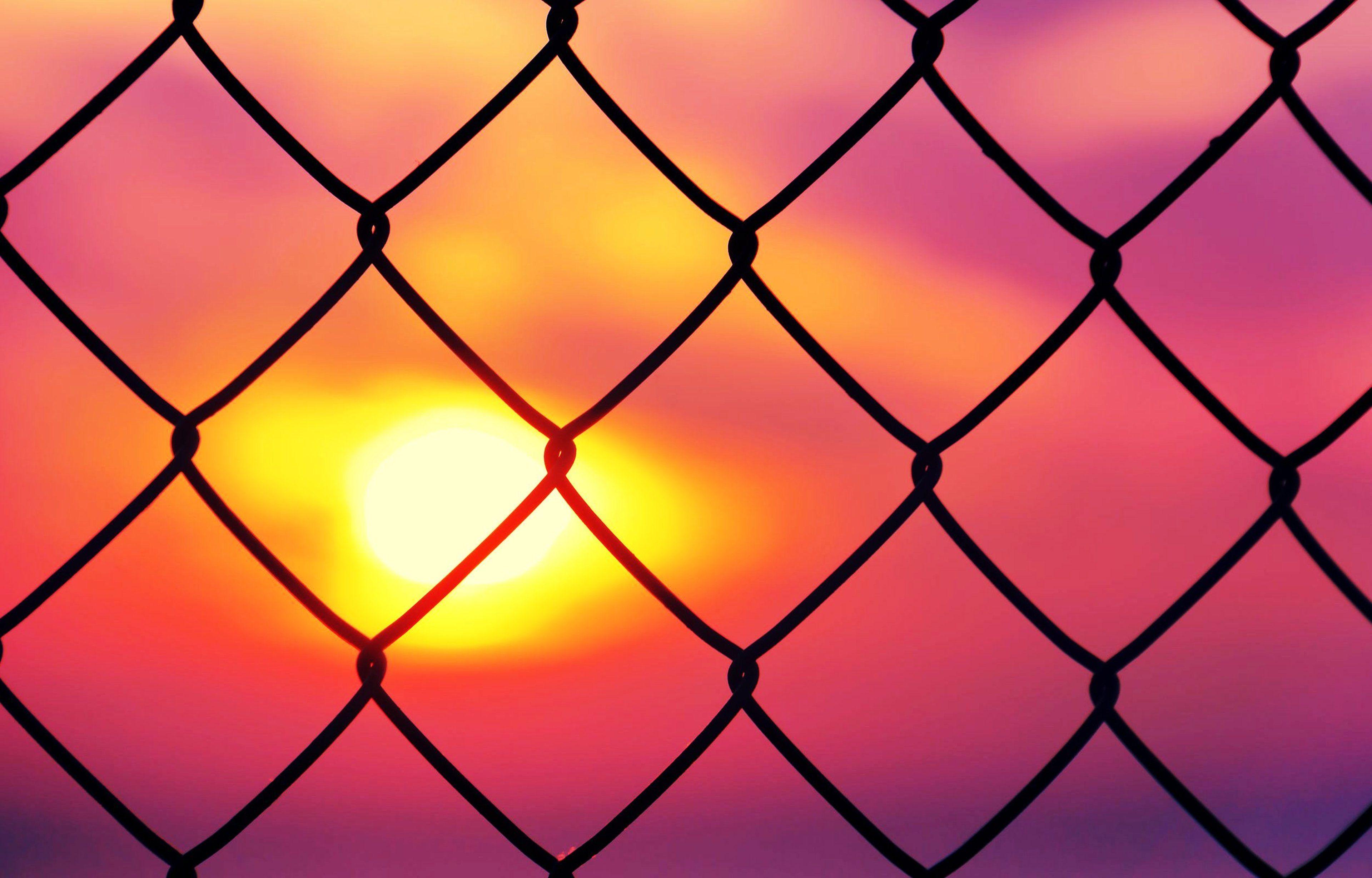 3840x2458 fence, Prison, Mood, Sunset, Pink, Colors Wallpaper HD / Desktop