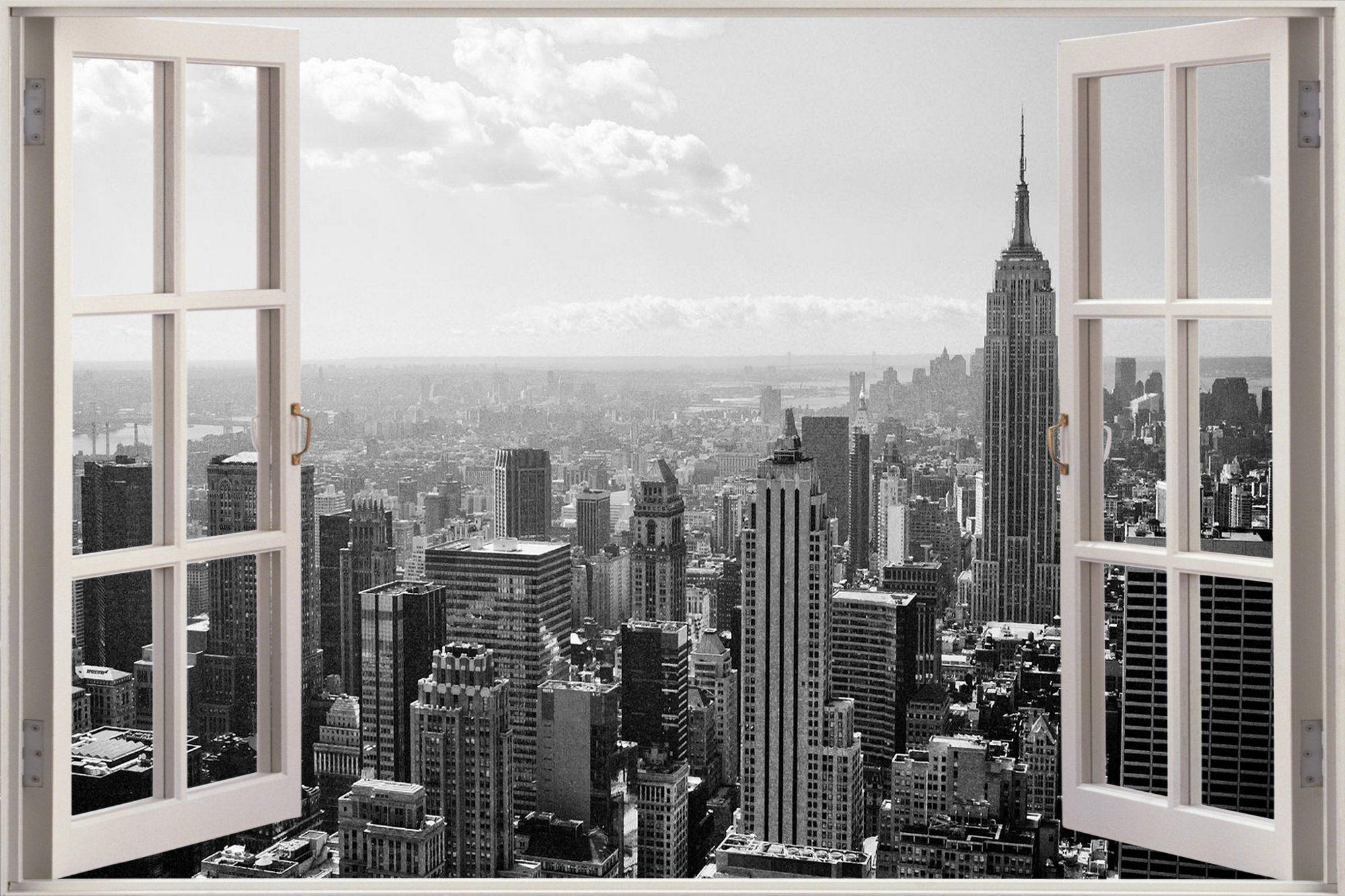 2000x1333 Cửa sổ 3D khổng lồ Nhìn ra Thành phố New York Dán tường Bức tranh tường Nghệ thuật Phim