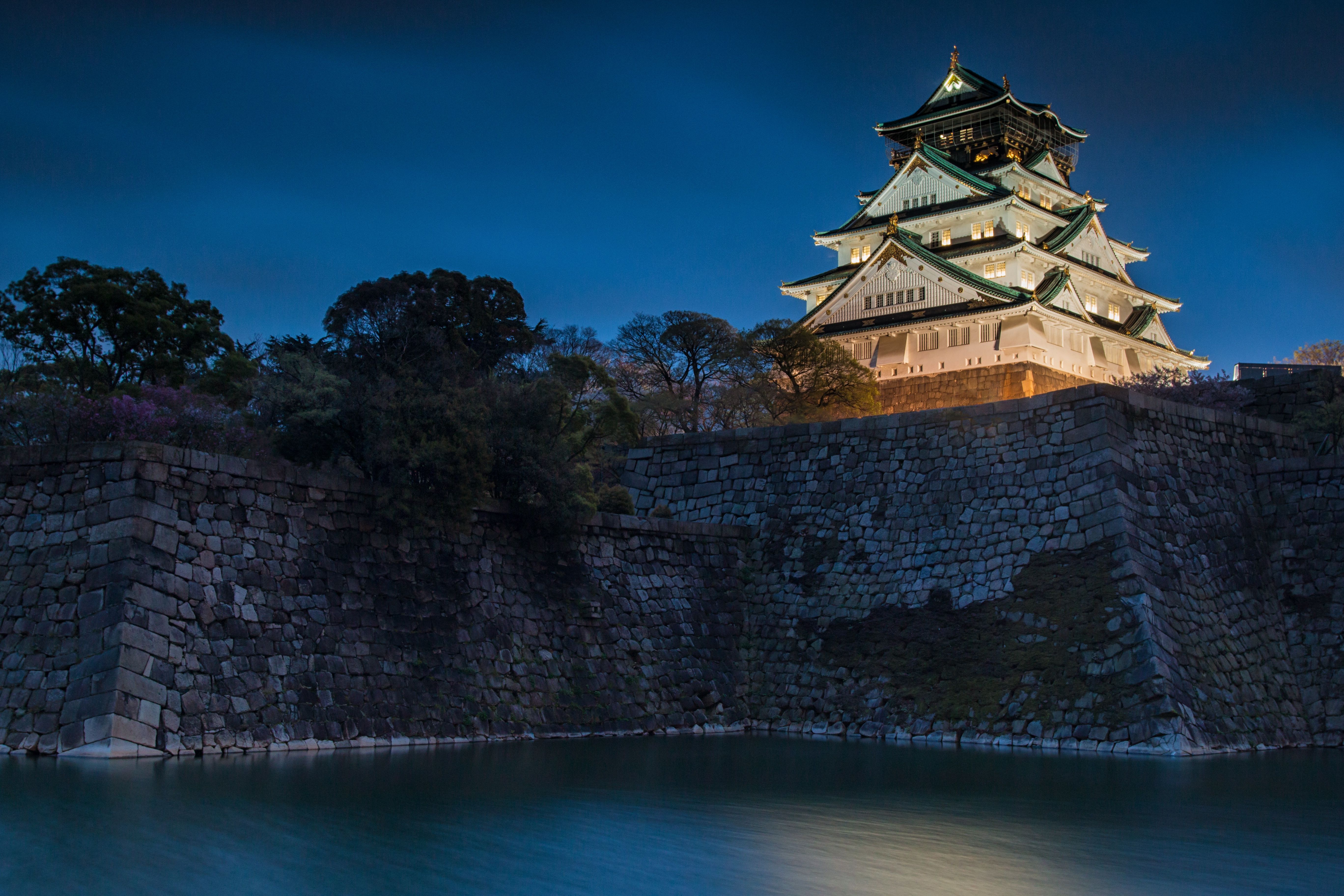 5472x3648 Wallpaper water, night, castle, Japan, Japan, Osaka, Osaka, ditch for mobile and desktop, section город, resolution 5472x3648