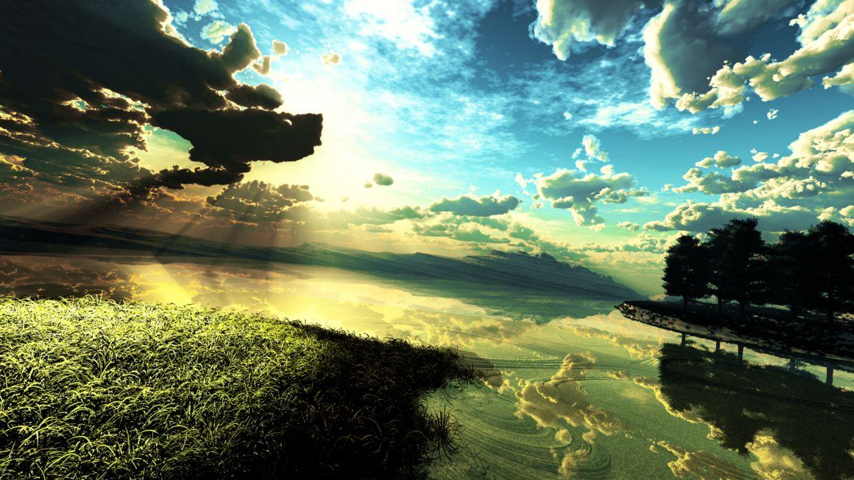 1244x700 3D Clouds Grass Landscape Original Scenic Sky Tree Water Y K