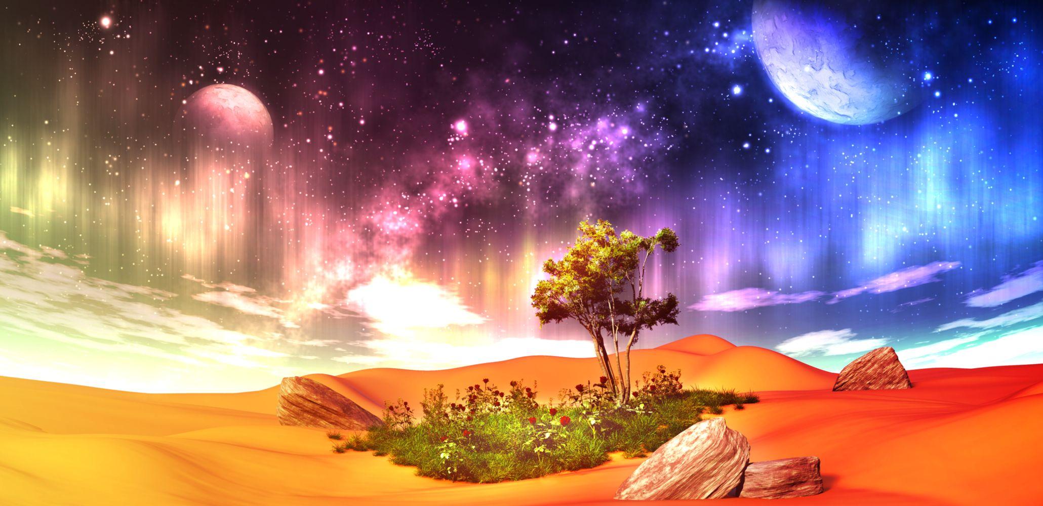 2060x1000 original, 3D, Clouds, Desert, Flowers, Grass, Landscape, Moon