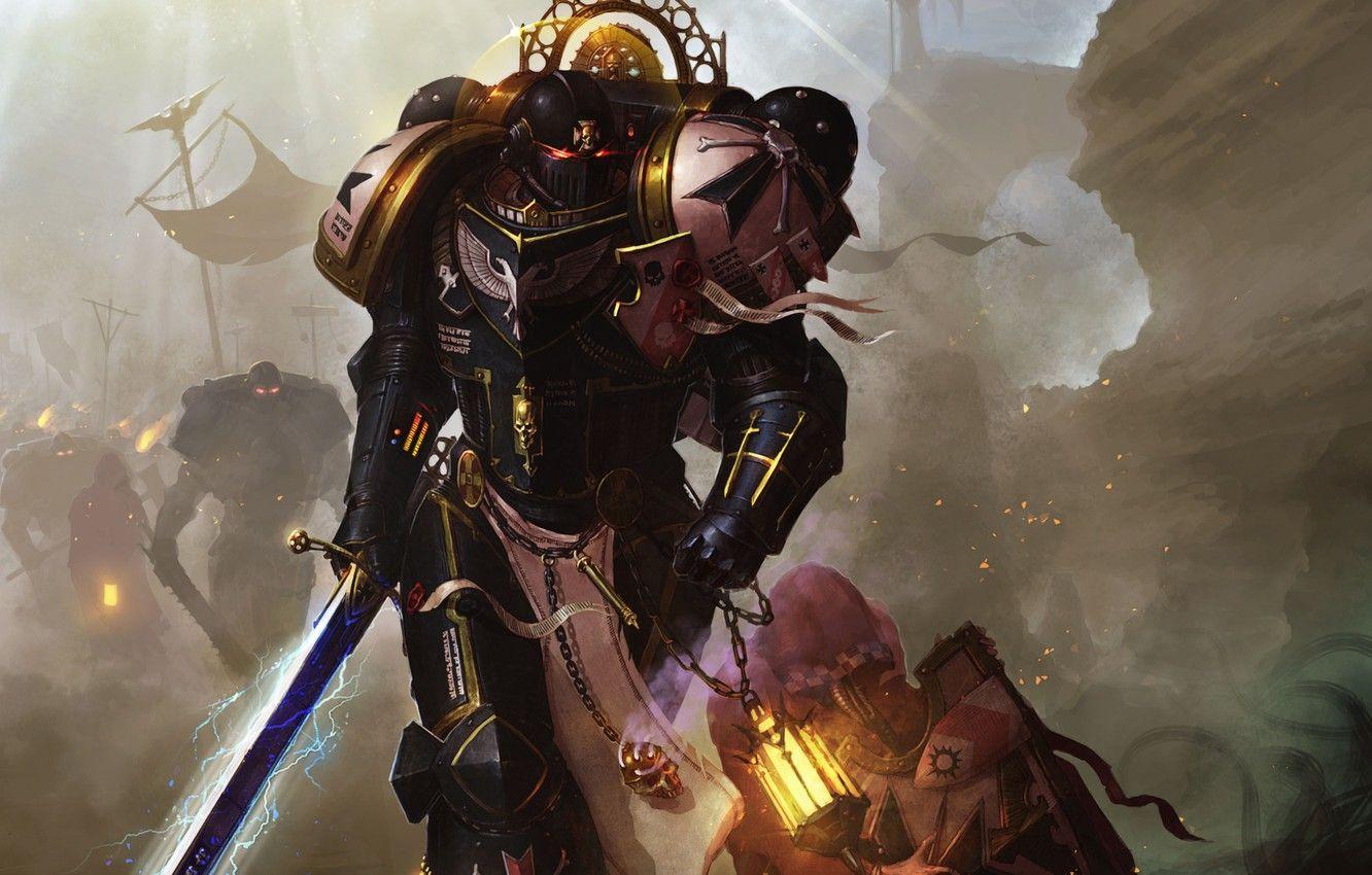 1332x850 Wallpaper lights, weapons, sparks, flags, Warhammer, Black