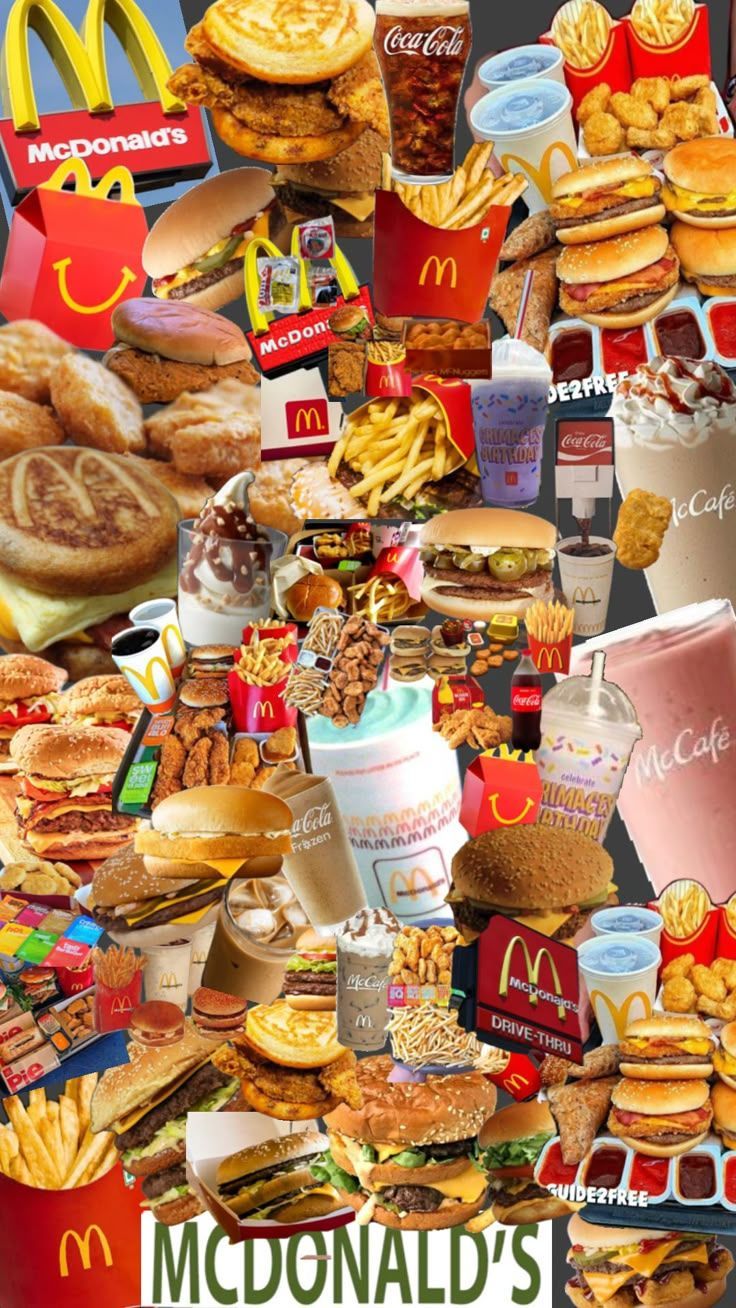 736x1308 myfirstshuffle. Collage of McDonald's Fast Food and Drink Items