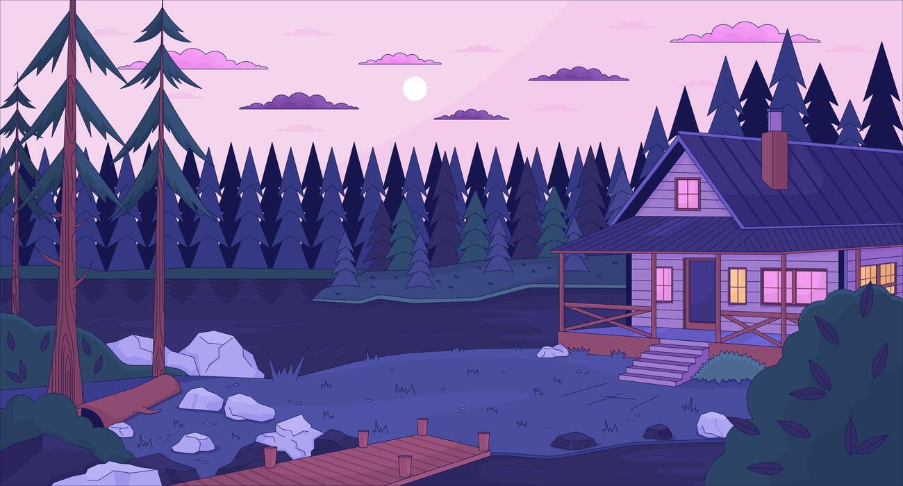 1300x700 Cozy cabin by lake dusk lofi wallpaper. Cabin in forest 2D cartoon flat illustration. Summerhouse lake side. Family vacation. Dreamy vibes chill vector art, lo fi aesthetic colorful background 36346116 Vector Art