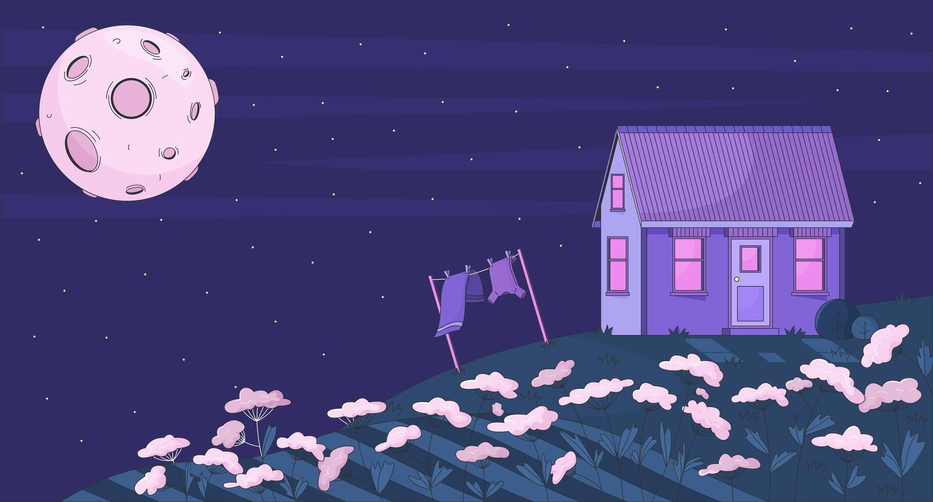 1820x980 Tranquil night countryside with house and moon lofi wallpaper. Dreamy rural cottage on rolling hill under moonlit sky 2D cartoon flat illustration. Image lo fi aesthetic color background 57416403 Vector Art