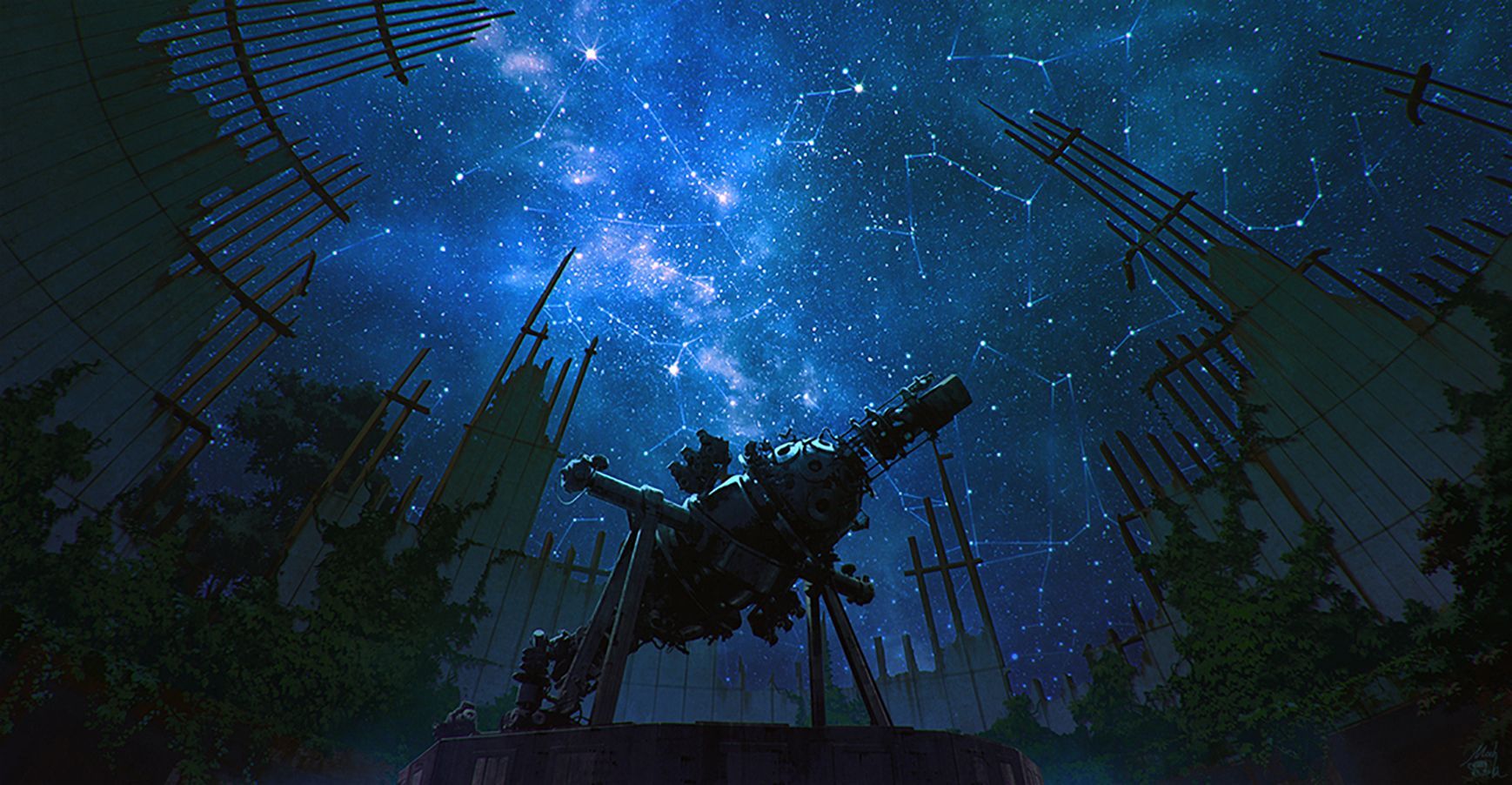 1738x902 Stargazing Dreams: Anime Galaxy Night at the Observatory HD Wallpaper