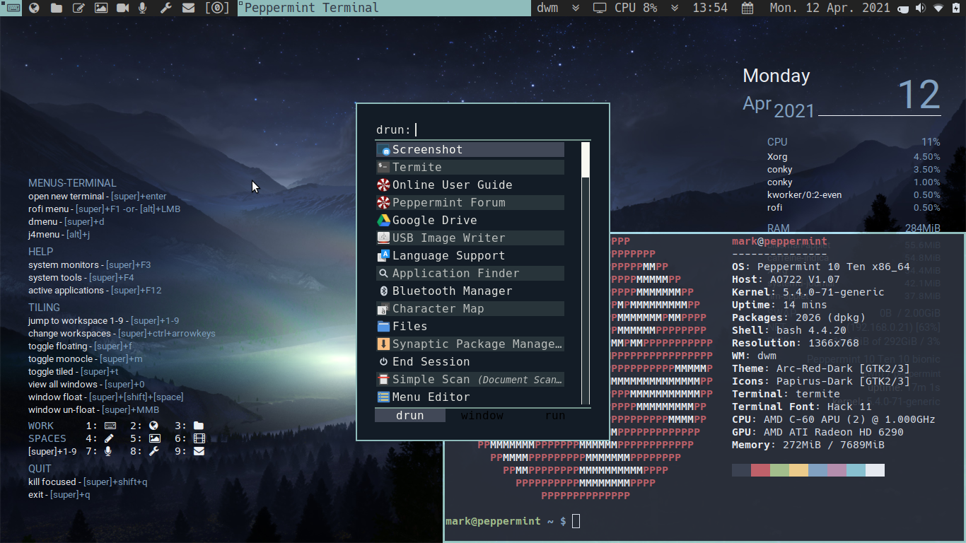 1366x768 i3wm, dwm plus Peppermint 10 desktops on an LTS Ubuntu Bionic Base
