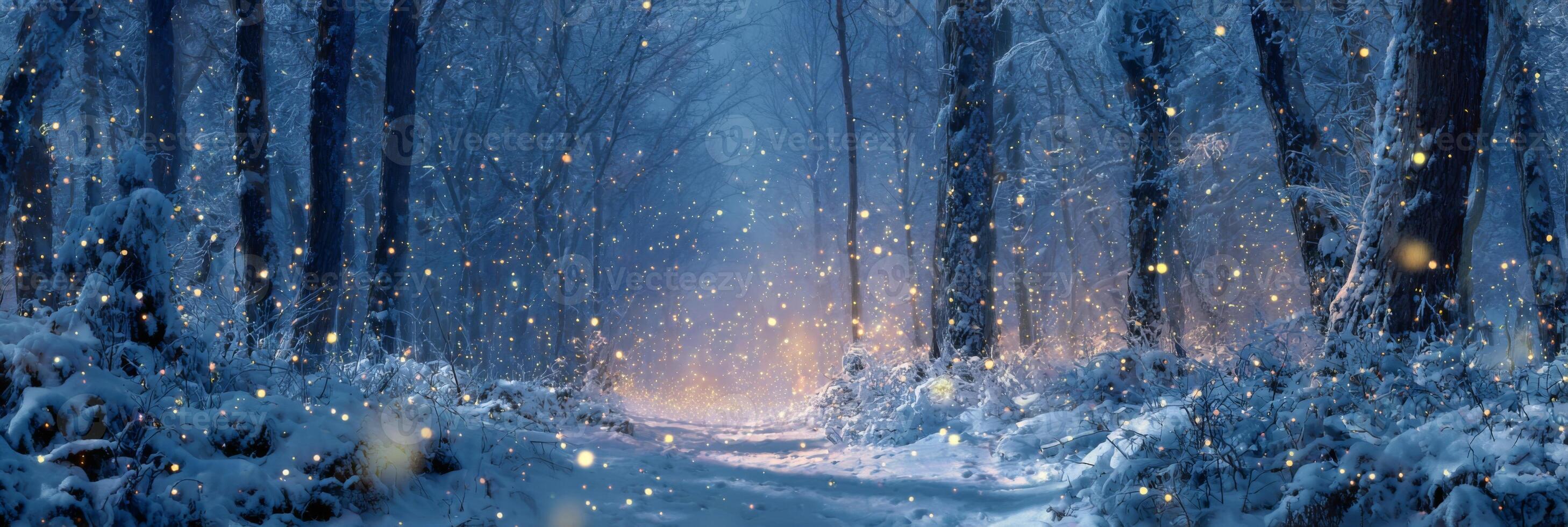 2916x980 Tranquil Winter Landscape With Falling Snow In A Dense Forest Near Soft Glowing Light At The End Of A Snow Covered Path