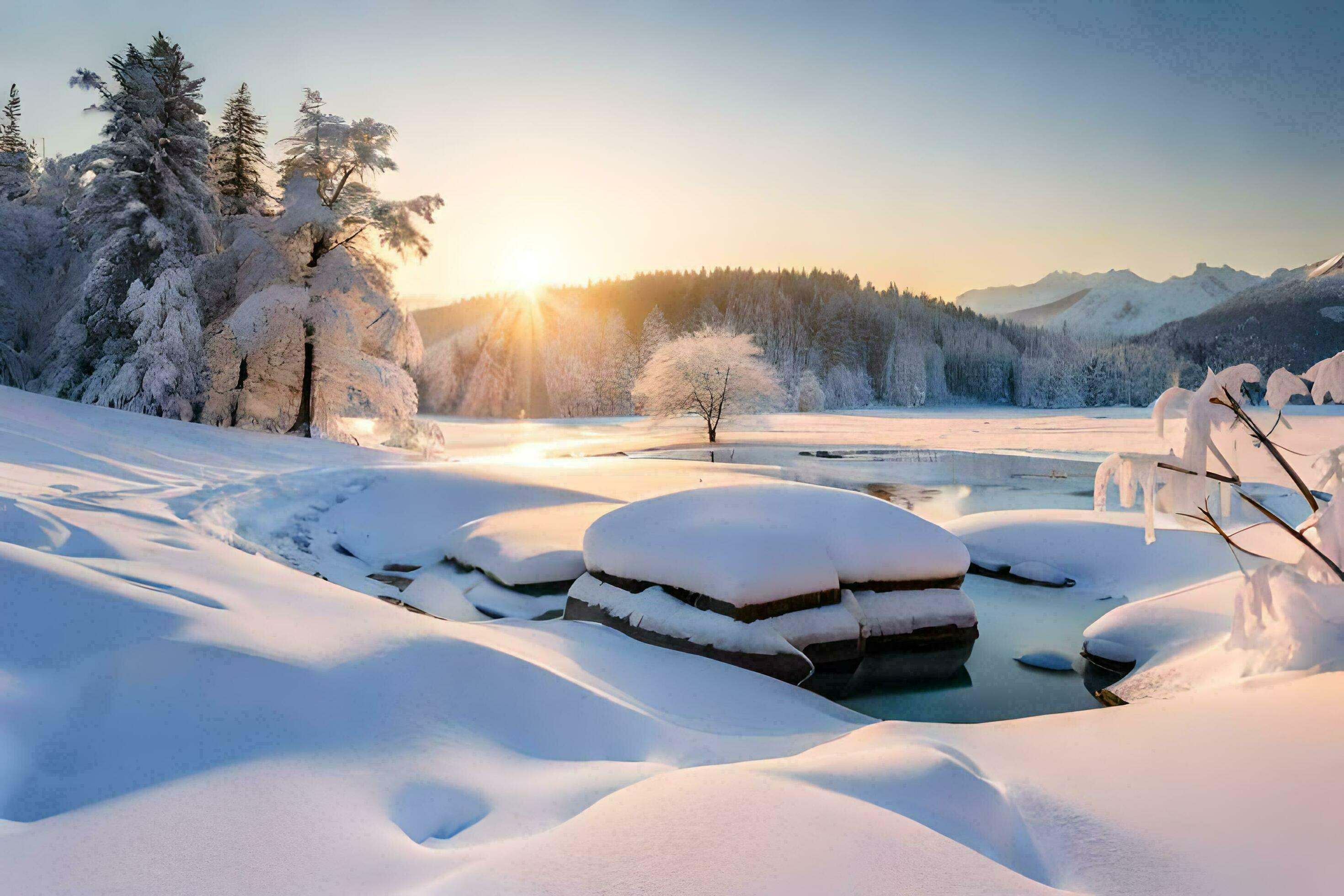 2940x1960 Photo Wallpaper The Sky, Snow, Trees, River, Sun, Mountains, Trees, River,. AI Generated
