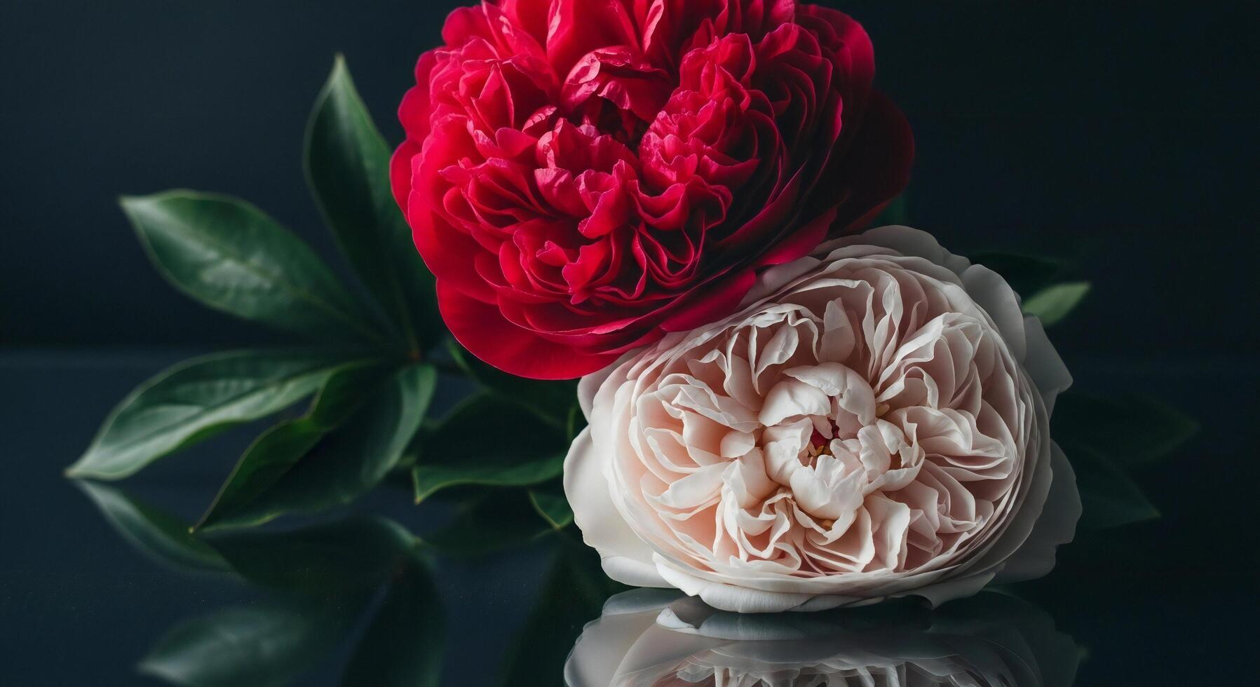 1797x980 Flowers background, Flowers wallpaper, Two blooming peonies one vibrant red and one delicate cream with green leaves and reflections