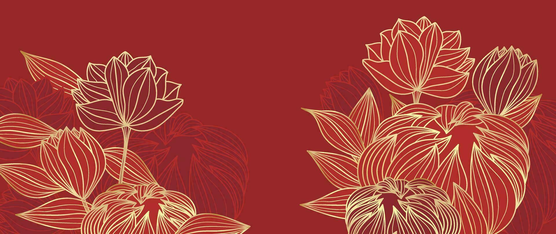 1920x810 Luxury oriental flower background vector. Elegant peony flowers and leaves golden line art on red background. Floral pattern design illustration for decoration, wallpaper, poster, banner, card
