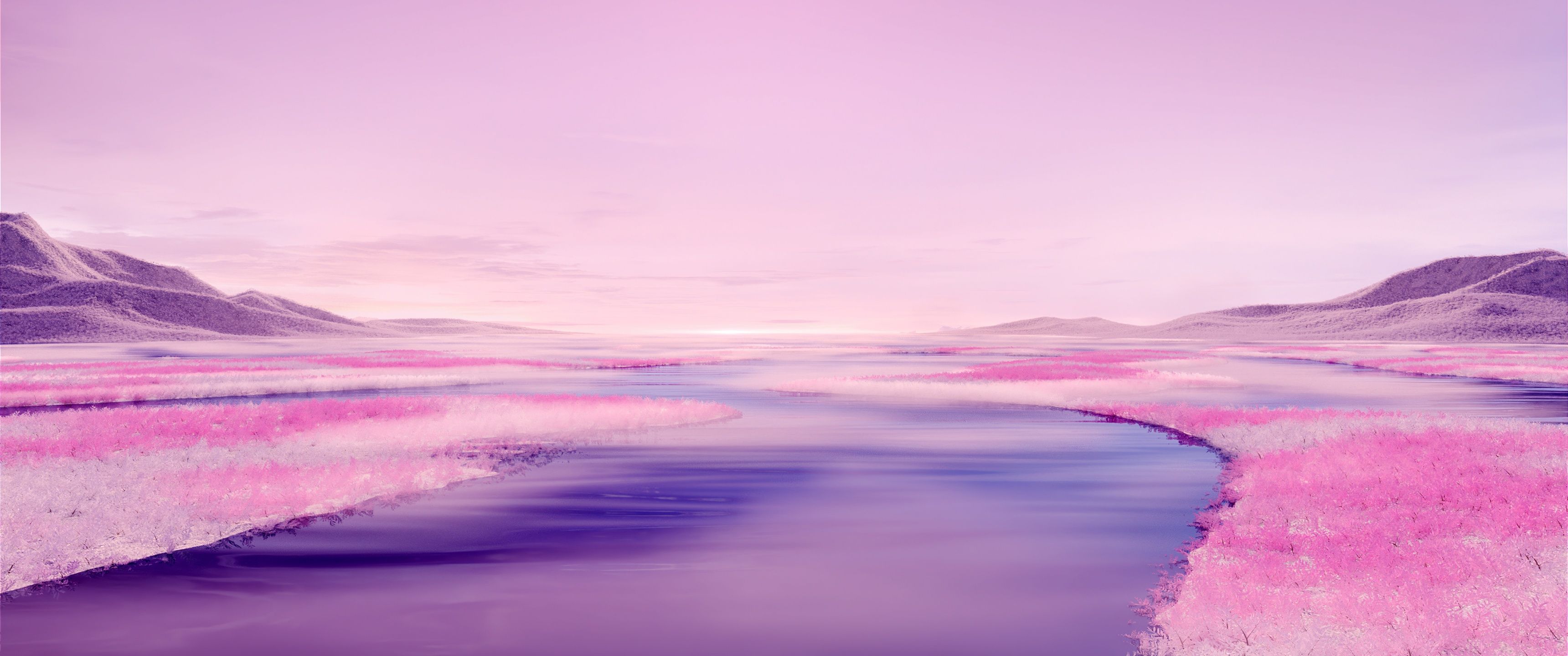 3440x1440 Pink aesthetic Wallpaper 4K, River, Surreal, Landscape