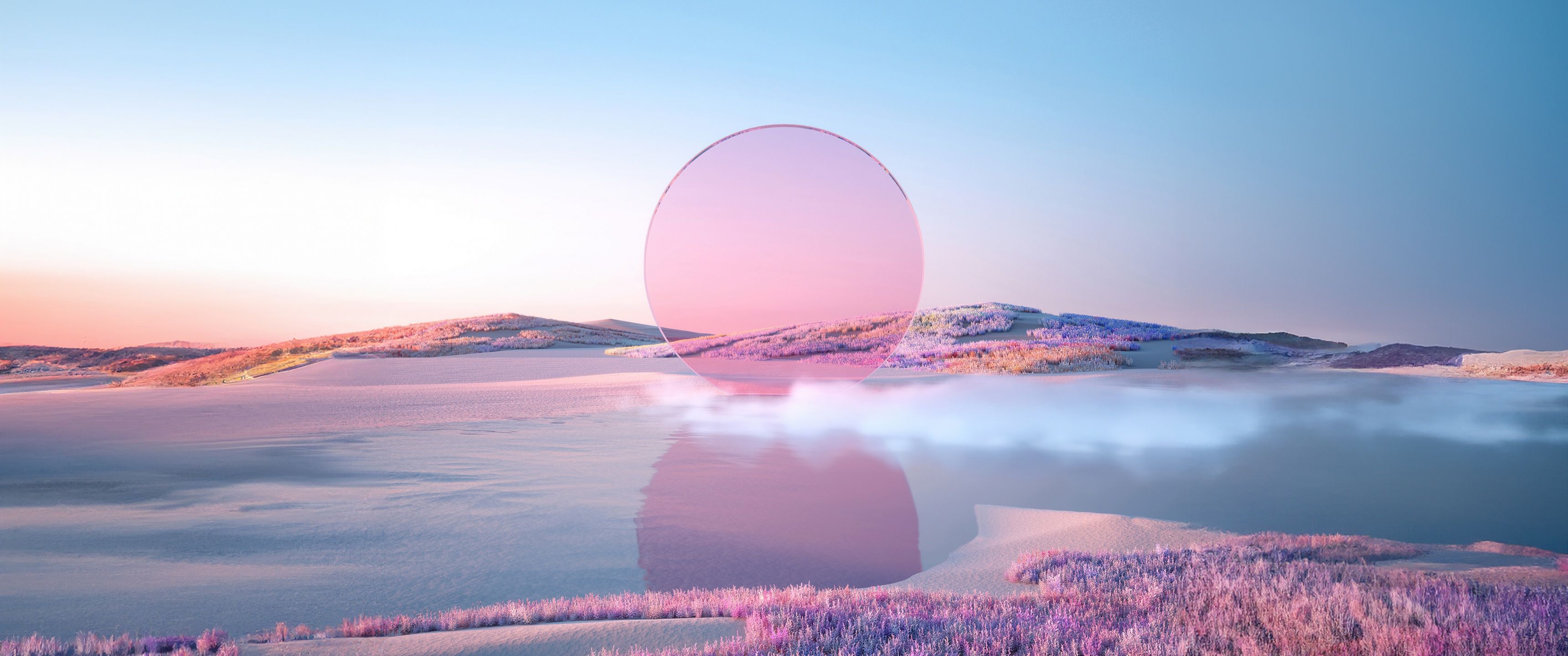 3440x1440 Pink aesthetic Wallpaper 4K, Sunset, Landscape, Lake
