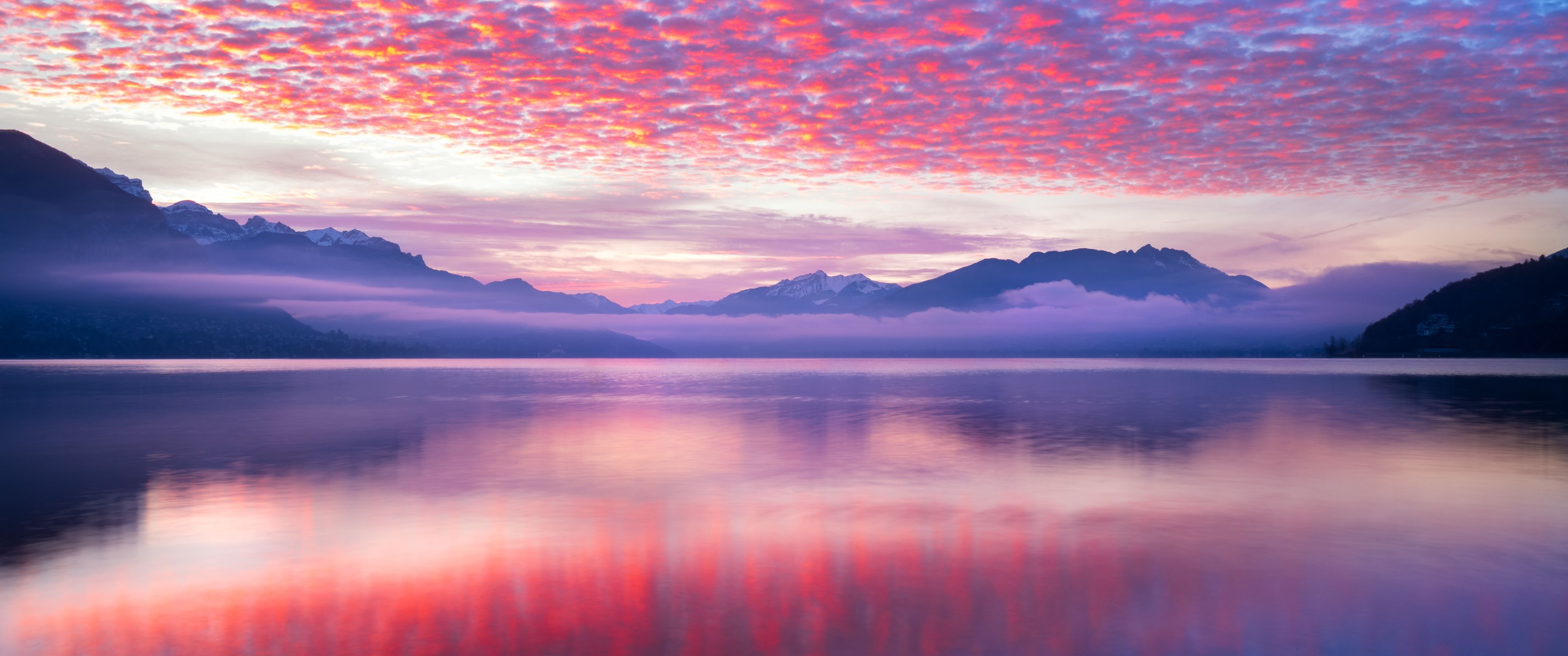 3440x1440 Download Pink clouds, Clouds, Sky, Mountains, Sea, Reflection, Snow Wallpaper in 3440x1440 Resolution