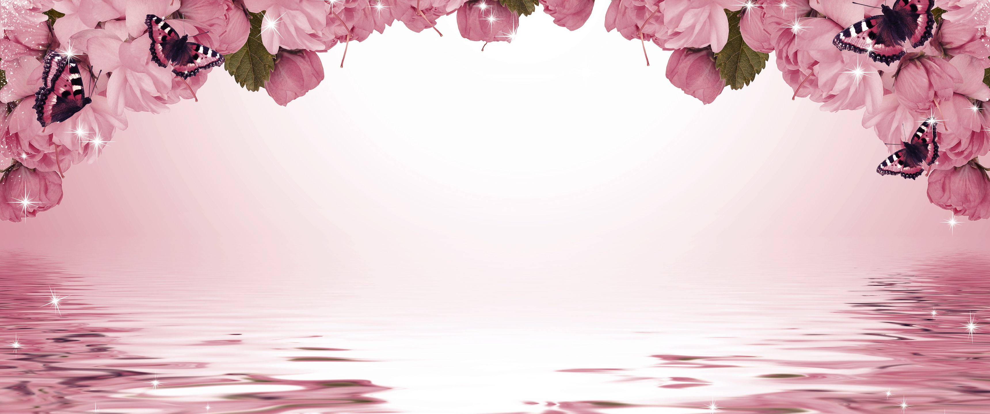 3440x1440 Download Sakura, Background, Butterflies, Sparks, Flowers, Texture Wallpaper in 3440x1440 Resolution