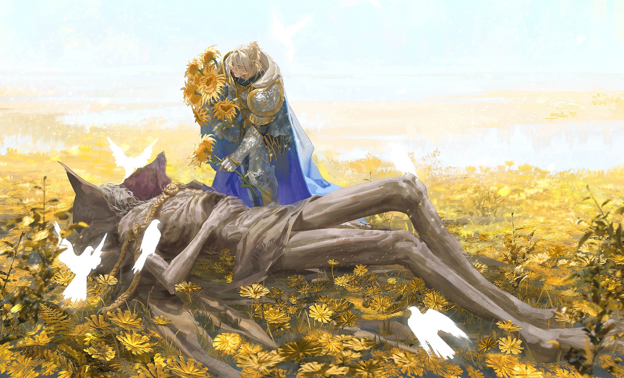 2000x1211 Wallpaper sunflowers, bird, body, fantasy, male, Elden Ring, The Tarnished, Morgott the Omen King for mobile and desktop, section игры, resolution 2000x1211