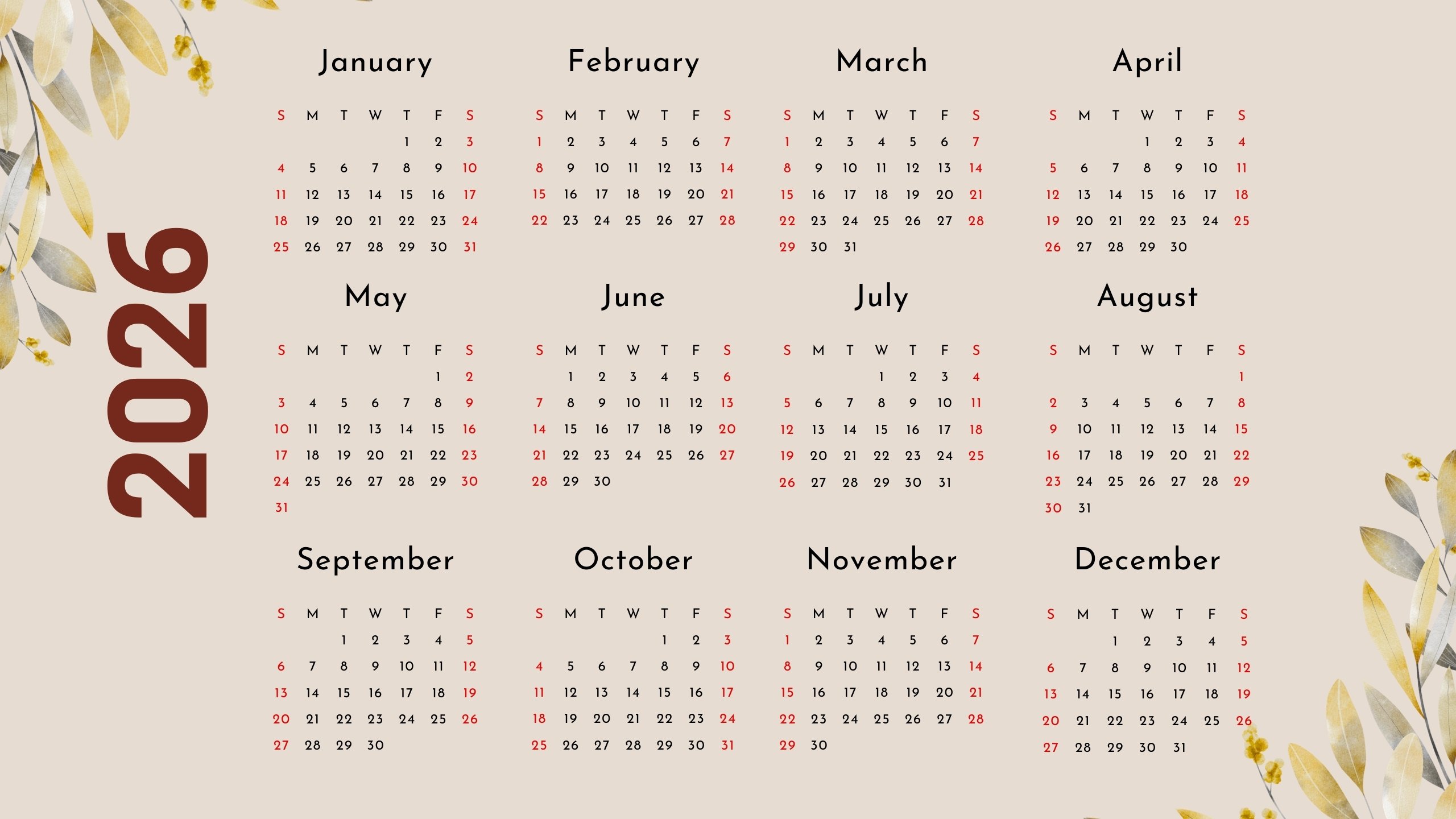2560x1440 New Year Calendar 2026 HD Calendar Wallpaper