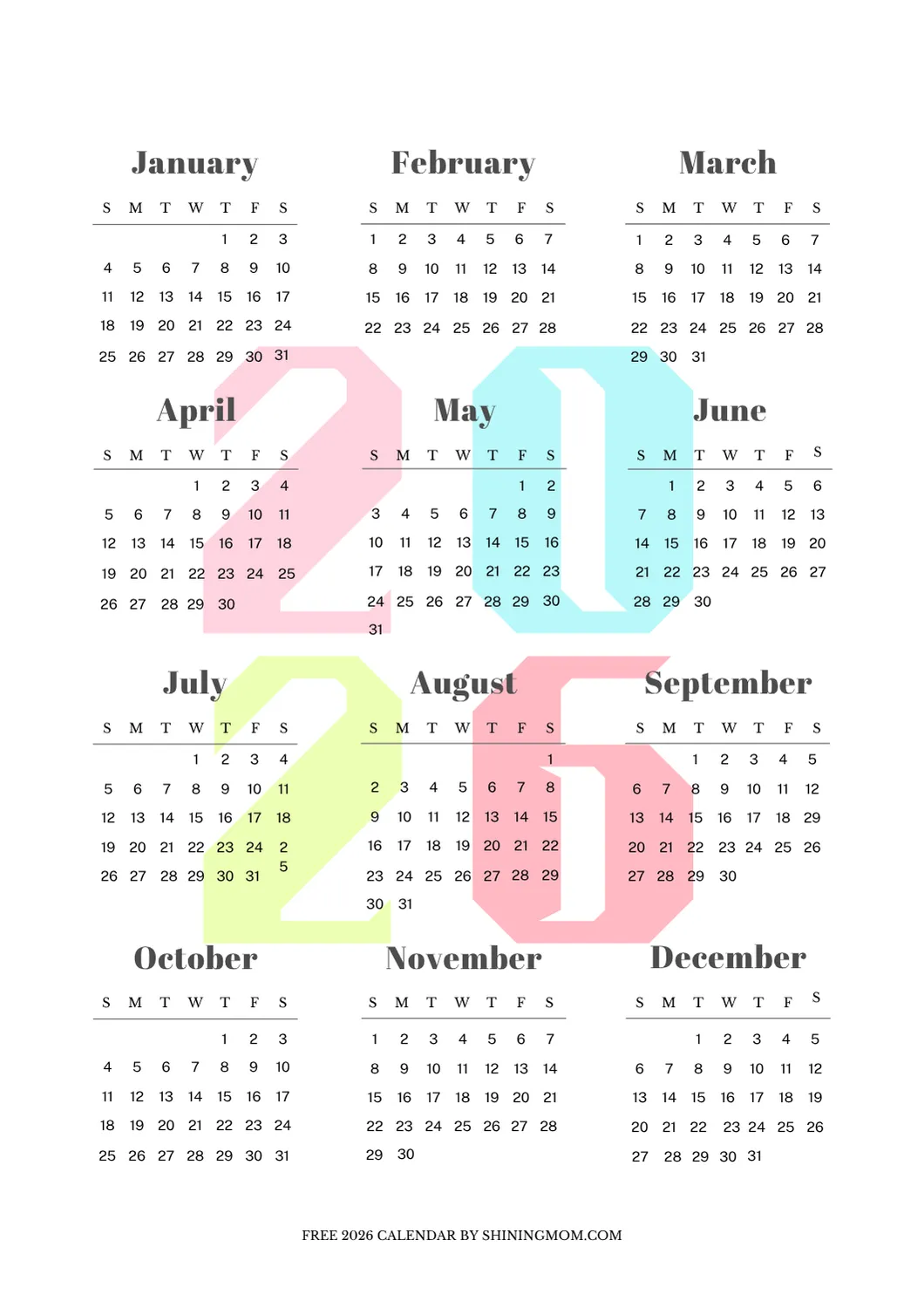 1060x1500 Free 2026 Yearly Calendar Printables. Best One Page Templates!