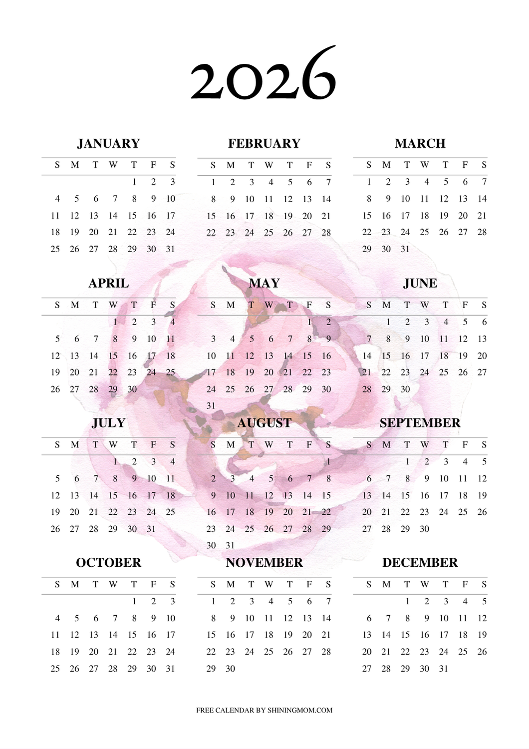 1060x1500 Free 2026 Yearly Calendar Printables. Best One Page Templates!