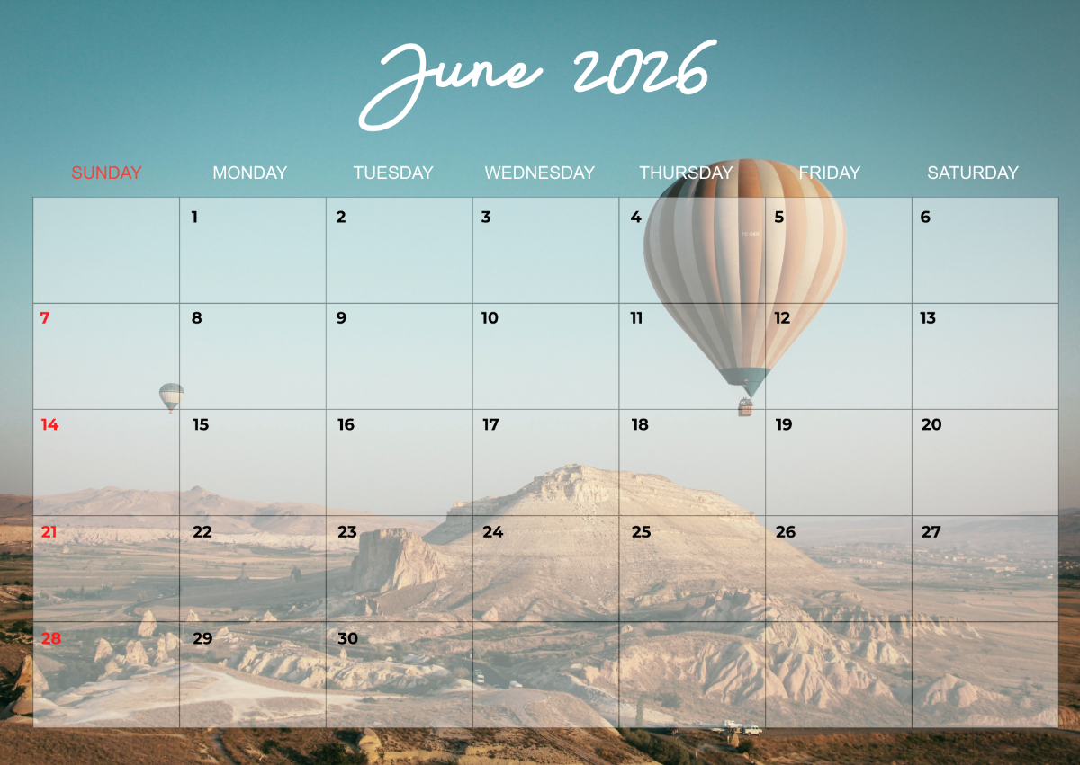 1200x851 Free Landscape June 2026 Calendar Template to Edit Online